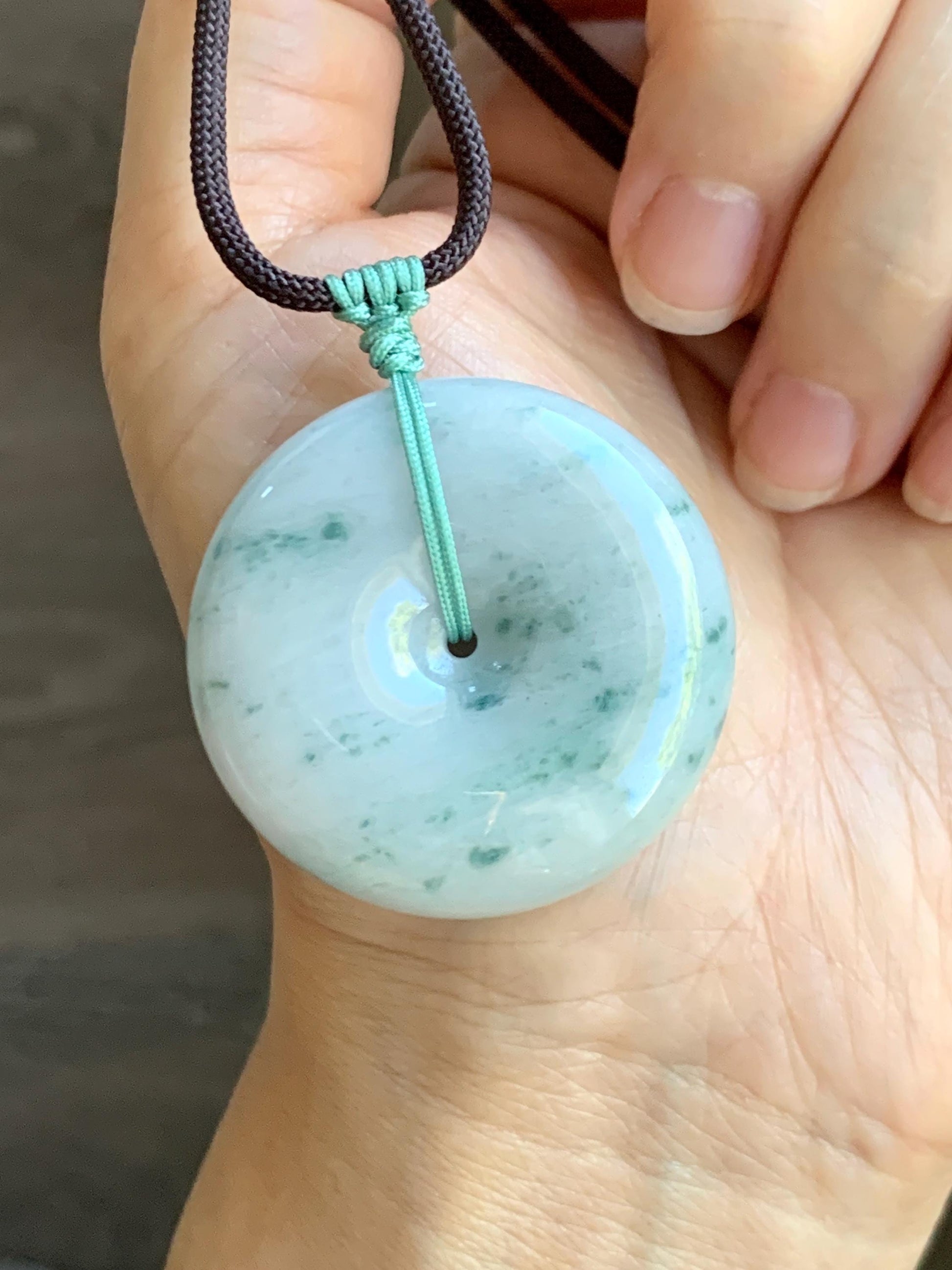 Grade A Natural Icy Translucent White Green Marbled Jade Jadeite Large Ping An Kou Donut Pendant Rope Necklace 31” 天然细糯白底飘花翡翠大平安扣吊坠 DMP313