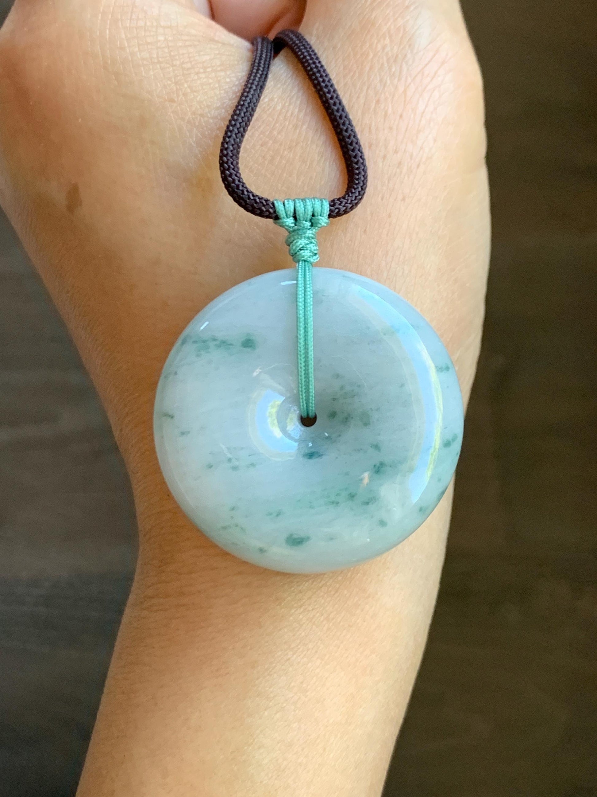 Grade A Natural Icy Translucent White Green Marbled Jade Jadeite Large Ping An Kou Donut Pendant Rope Necklace 31” 天然细糯白底飘花翡翠大平安扣吊坠 DMP313