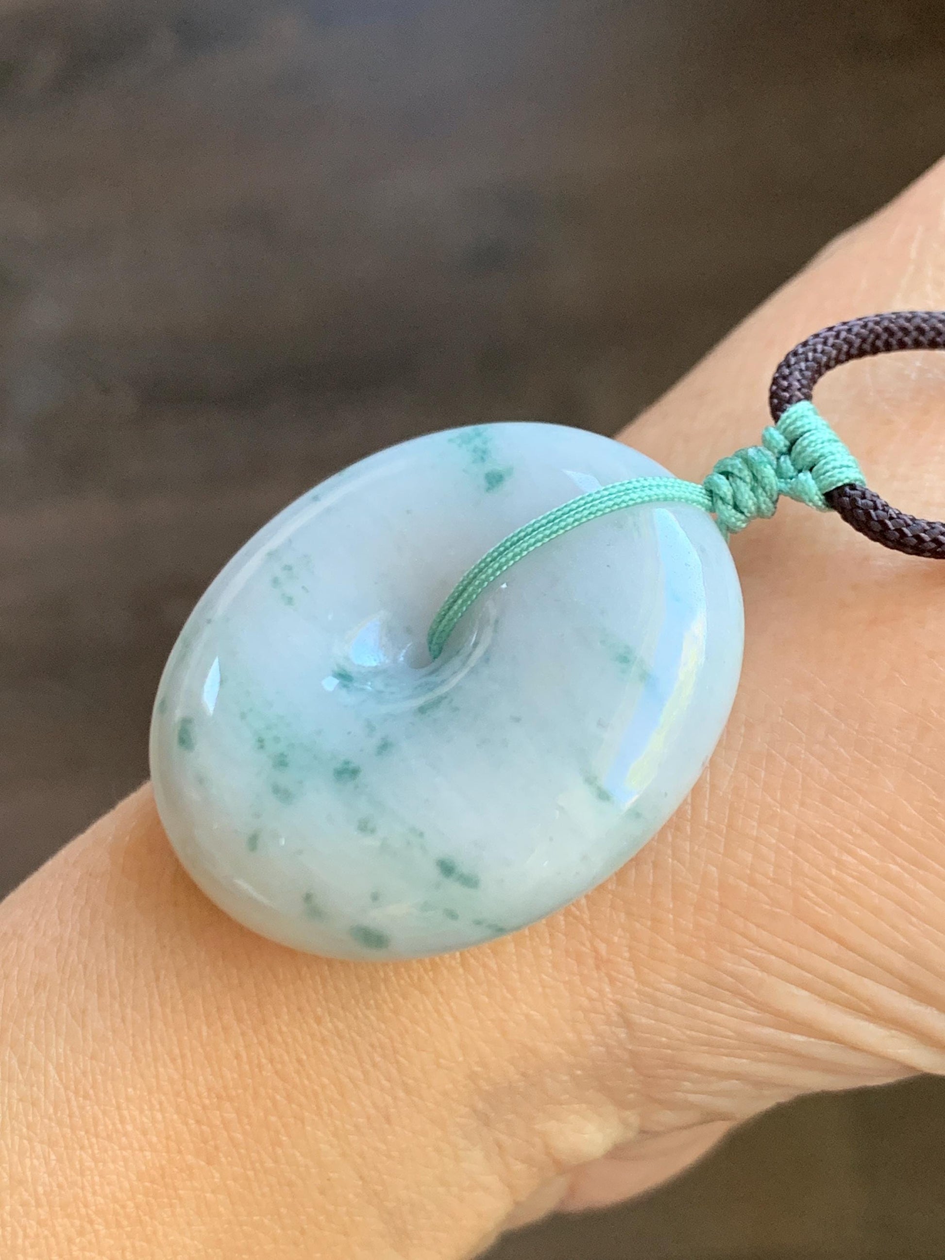 Grade A Natural Icy Translucent White Green Marbled Jade Jadeite Large Ping An Kou Donut Pendant Rope Necklace 31” 天然细糯白底飘花翡翠大平安扣吊坠 DMP313