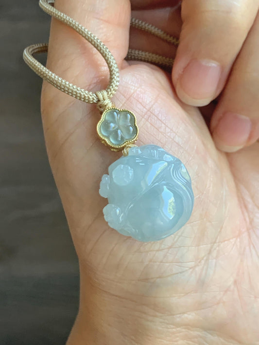 Natural Grade A Icy Translucent Gelatinous Pastel Blue Jade Jadeite Carved Nine-Tailed Fox Pendant Rope Necklace 26” 天然老种冰胶淡蓝翡翠九尾狐梅花吊坠BJLH15