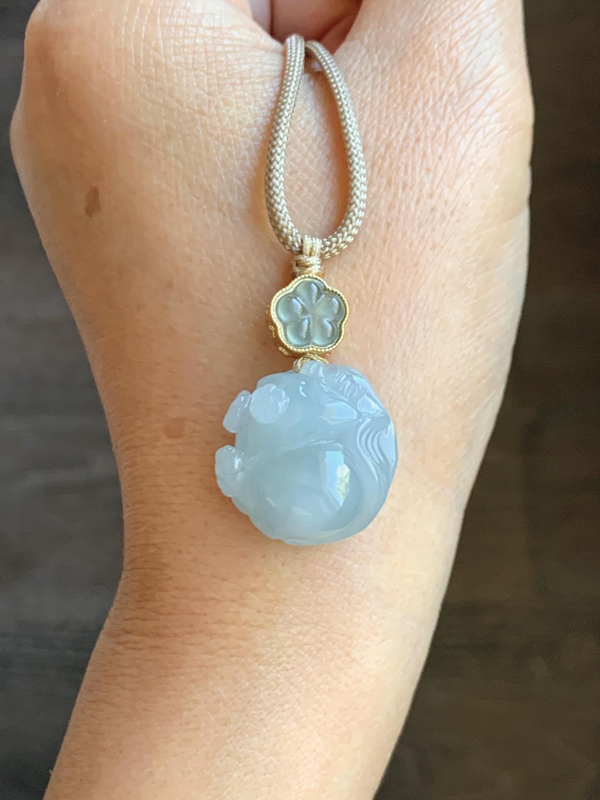 Natural Grade A Icy Translucent Gelatinous Pastel Blue Jade Jadeite Carved Nine-Tailed Fox Pendant Rope Necklace 26” 天然老种冰胶淡蓝翡翠九尾狐梅花吊坠BJLH15