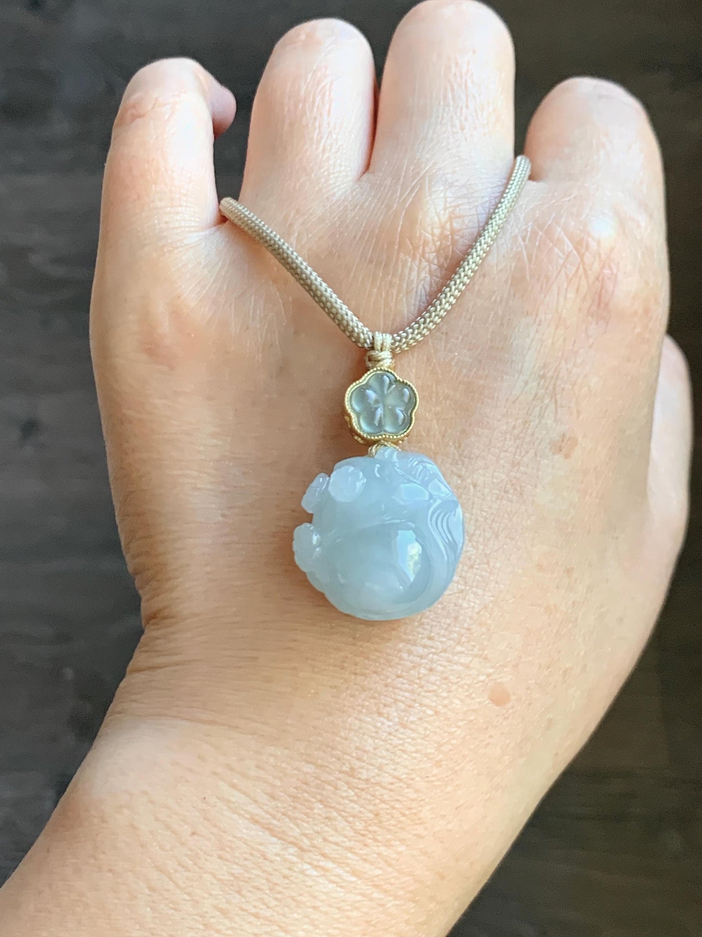 Natural Grade A Icy Translucent Gelatinous Pastel Blue Jade Jadeite Carved Nine-Tailed Fox Pendant Rope Necklace 26” 天然老种冰胶淡蓝翡翠九尾狐梅花吊坠BJLH15