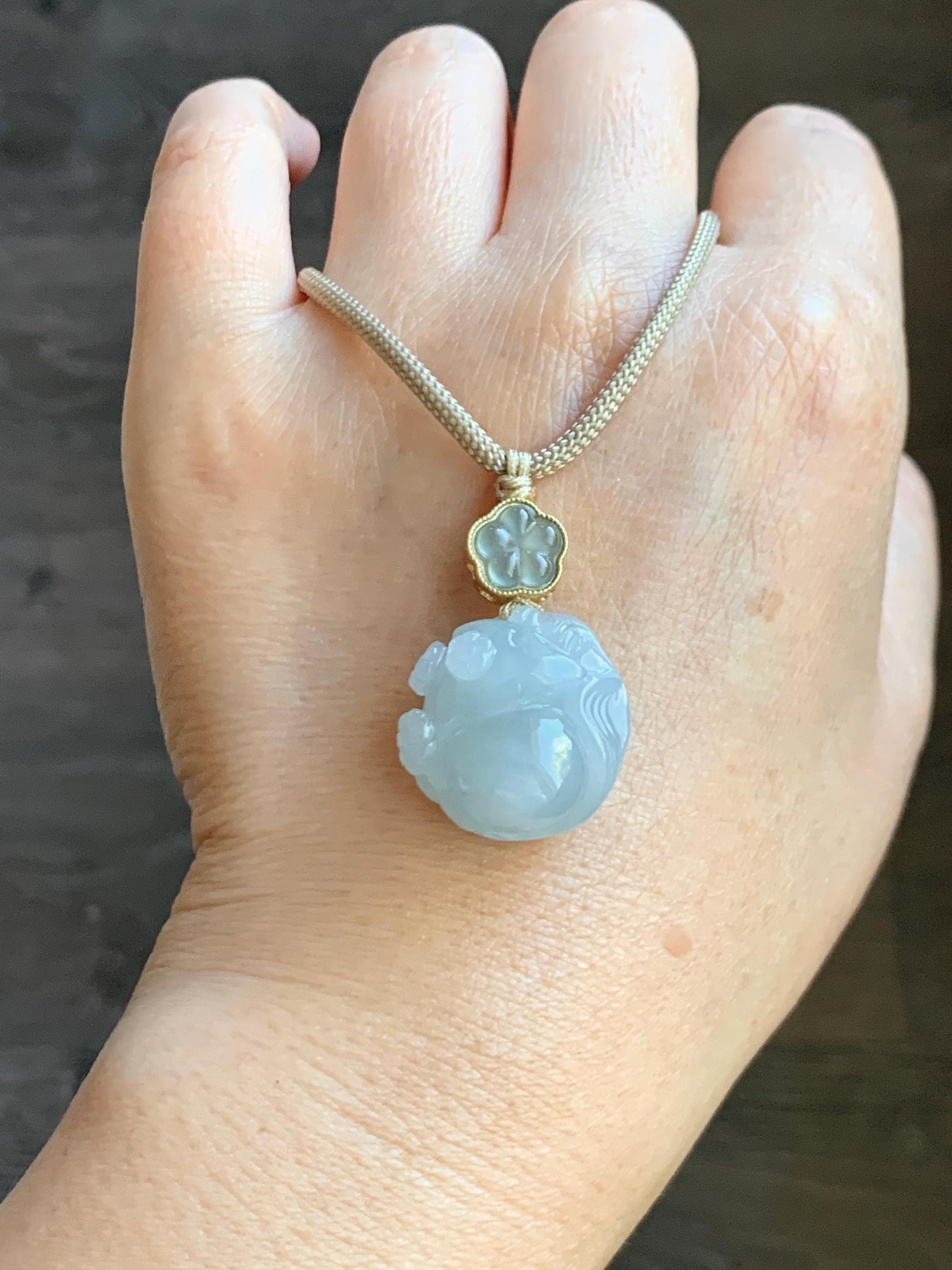 Natural Grade A Icy Translucent Gelatinous Pastel Blue Jade Jadeite Carved Nine-Tailed Fox Pendant Rope Necklace 26” 天然老种冰胶淡蓝翡翠九尾狐梅花吊坠BJLH15