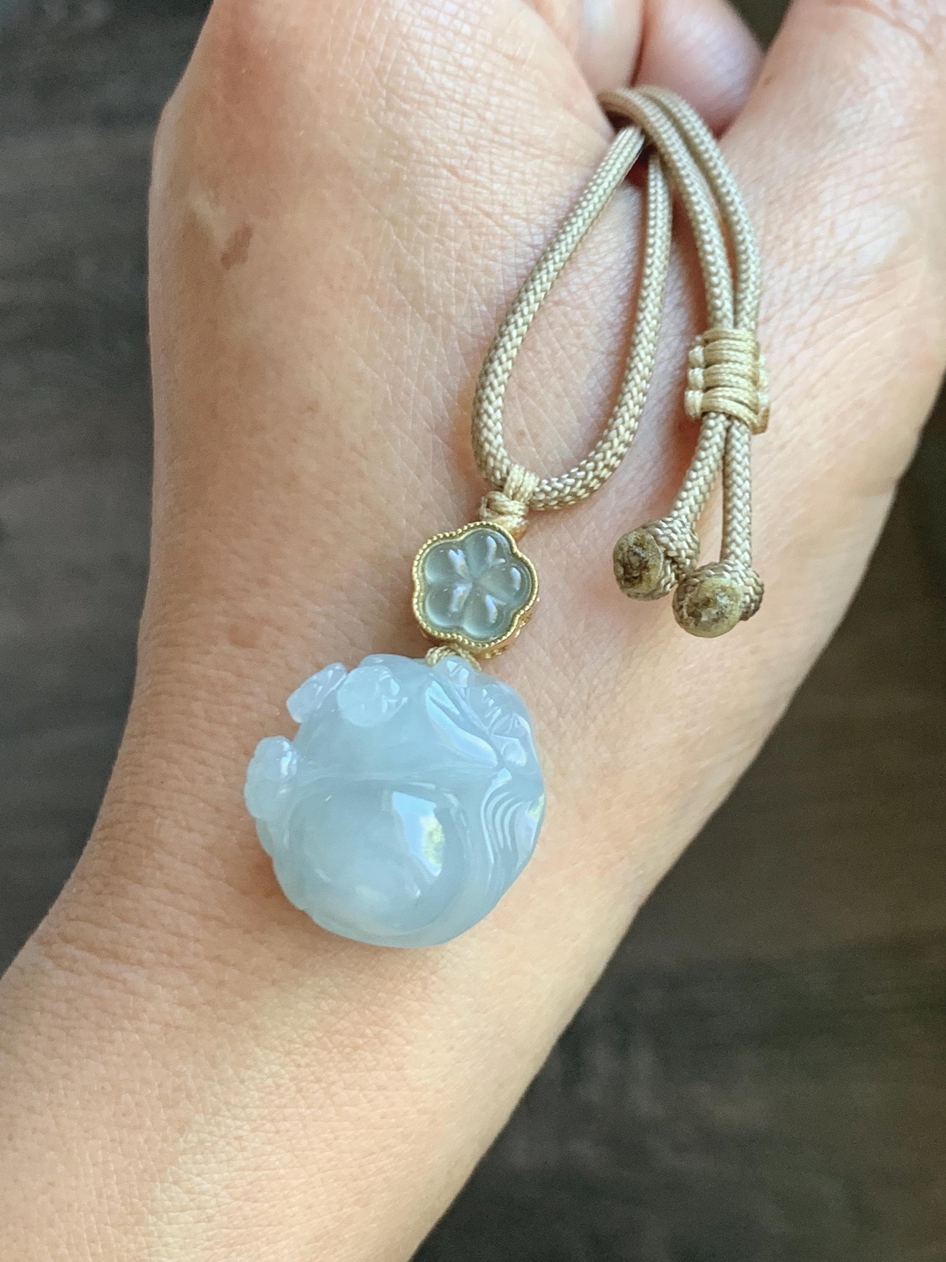 Natural Grade A Icy Translucent Gelatinous Pastel Blue Jade Jadeite Carved Nine-Tailed Fox Pendant Rope Necklace 26” 天然老种冰胶淡蓝翡翠九尾狐梅花吊坠BJLH15