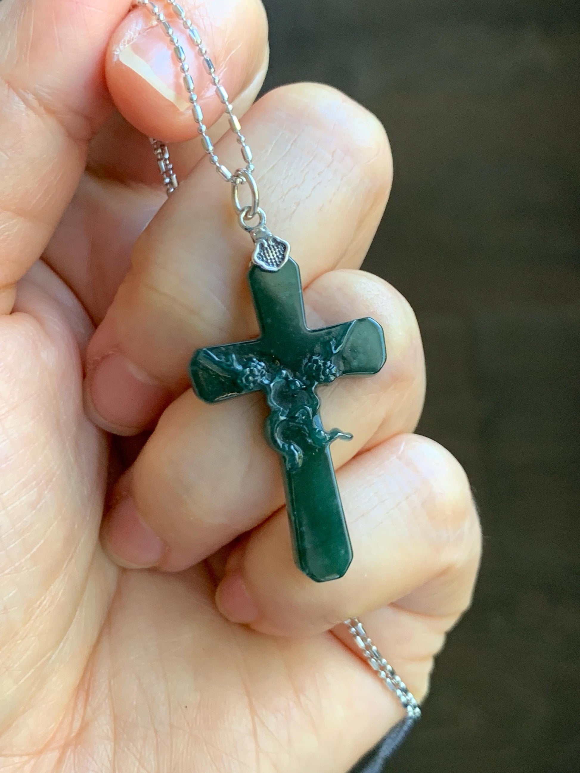 Natural Guatemalan Icy Translucent Deep Teal Green Jade Jadeite Carved Cross Cherry Blossom Pendant Sterling Silver 天然冰危深蓝绿翡翠梅花枝十字架吊坠 MHS106