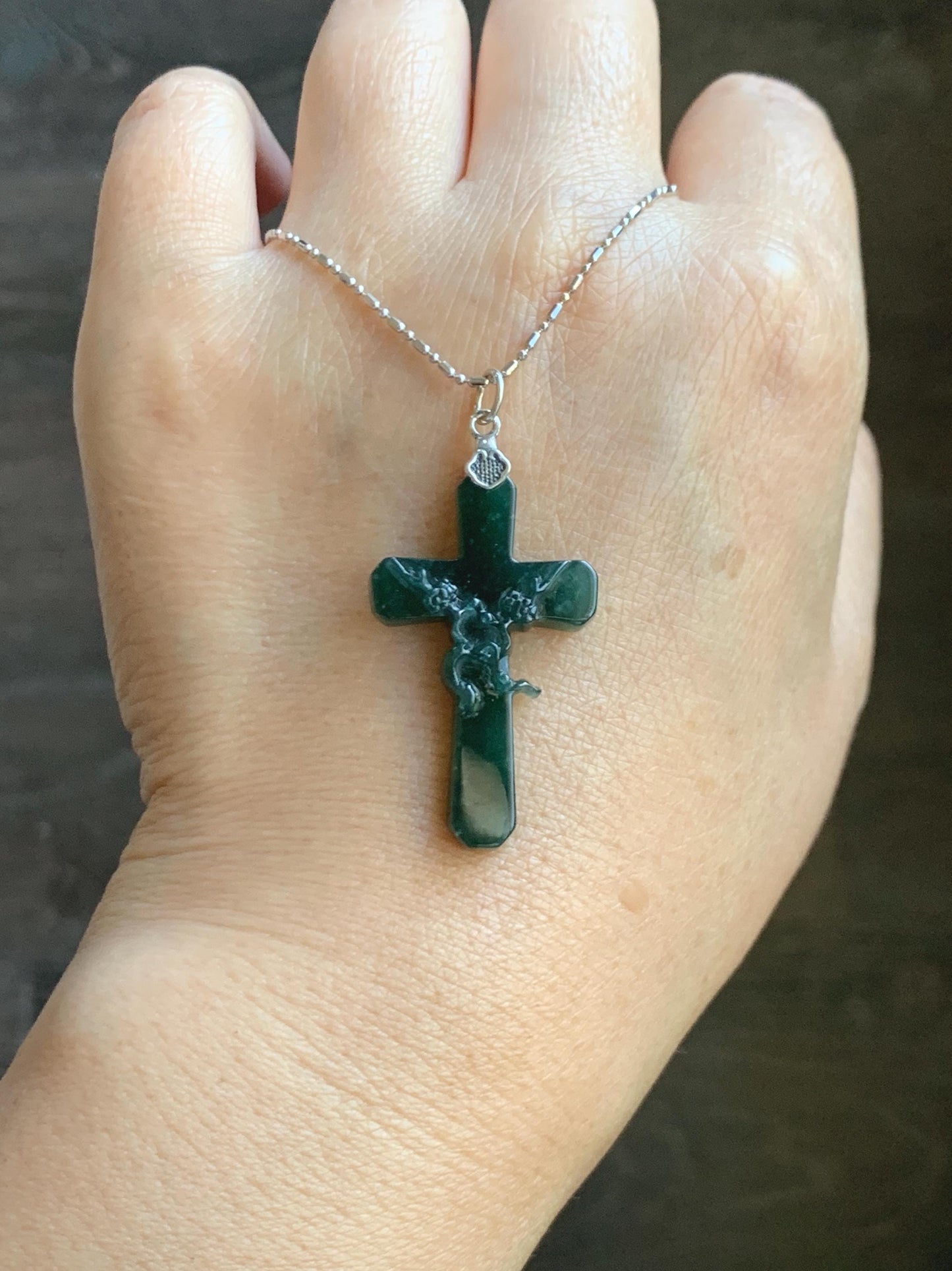 Natural Guatemalan Icy Translucent Deep Teal Green Jade Jadeite Carved Cross Cherry Blossom Pendant Sterling Silver 天然冰危深蓝绿翡翠梅花枝十字架吊坠 MHS106