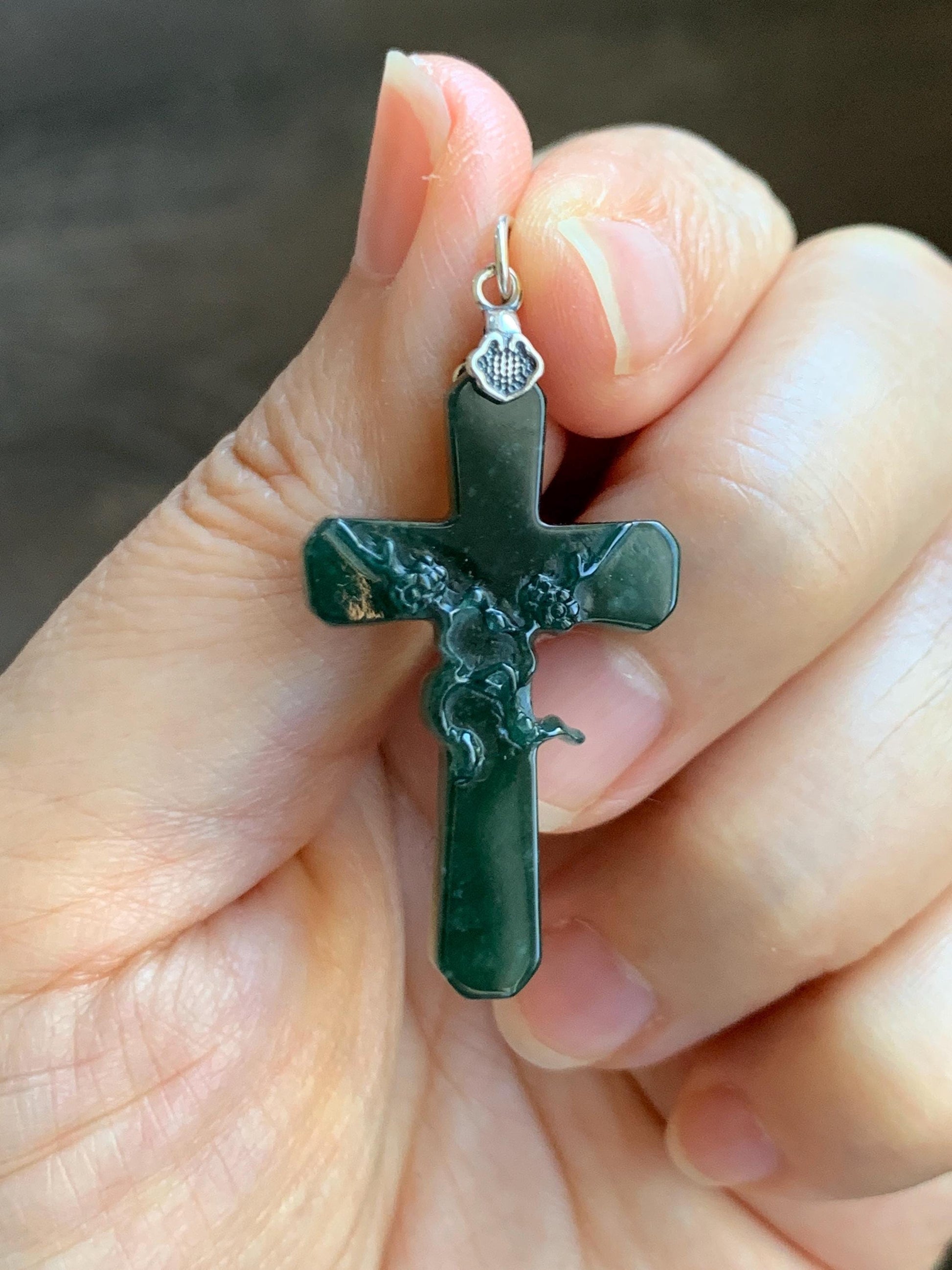 Natural Guatemalan Icy Translucent Deep Teal Green Jade Jadeite Carved Cross Cherry Blossom Pendant Sterling Silver 天然冰危深蓝绿翡翠梅花枝十字架吊坠 MHS106