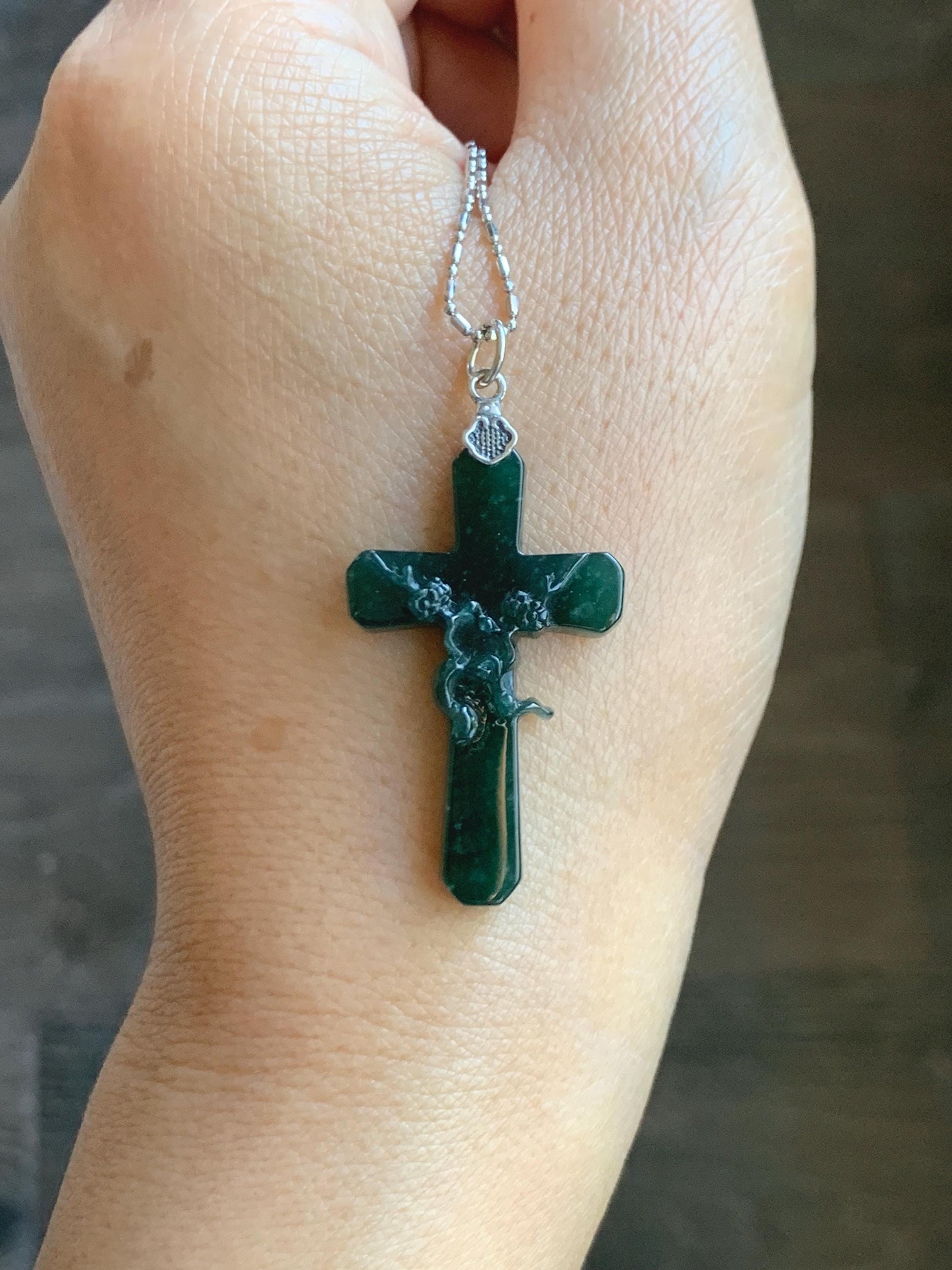 Natural Guatemalan Icy Translucent Deep Teal Green Jade Jadeite Carved Cross Cherry Blossom Pendant Sterling Silver 天然冰危深蓝绿翡翠梅花枝十字架吊坠 MHS106