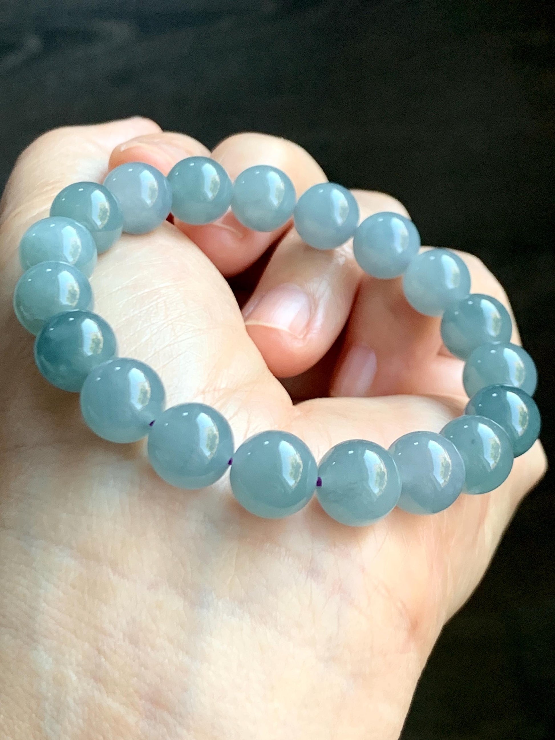 Natural Grade A Guatemalan Icy Translucent Gelatinous Light Dusty Blue Jade Jadeite Beaded Bracelet 9.7mm 6.75" 29g 天然冰胶危浅蓝紫翡翠手串 GDW380A
