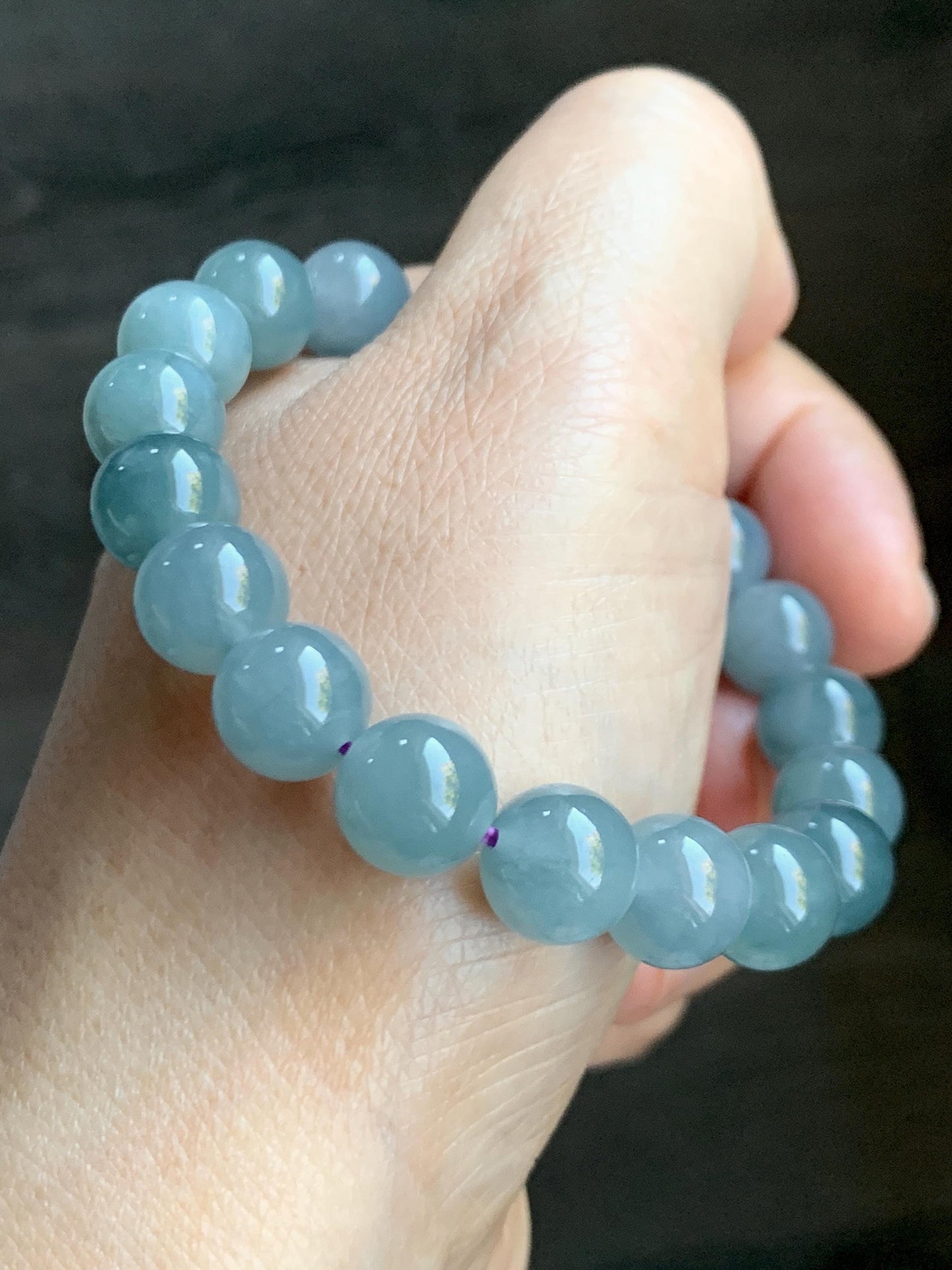 Natural Grade A Guatemalan Icy Translucent Gelatinous Light Dusty Blue Jade Jadeite Beaded Bracelet 9.7mm 6.75" 29g 天然冰胶危浅蓝紫翡翠手串 GDW380A