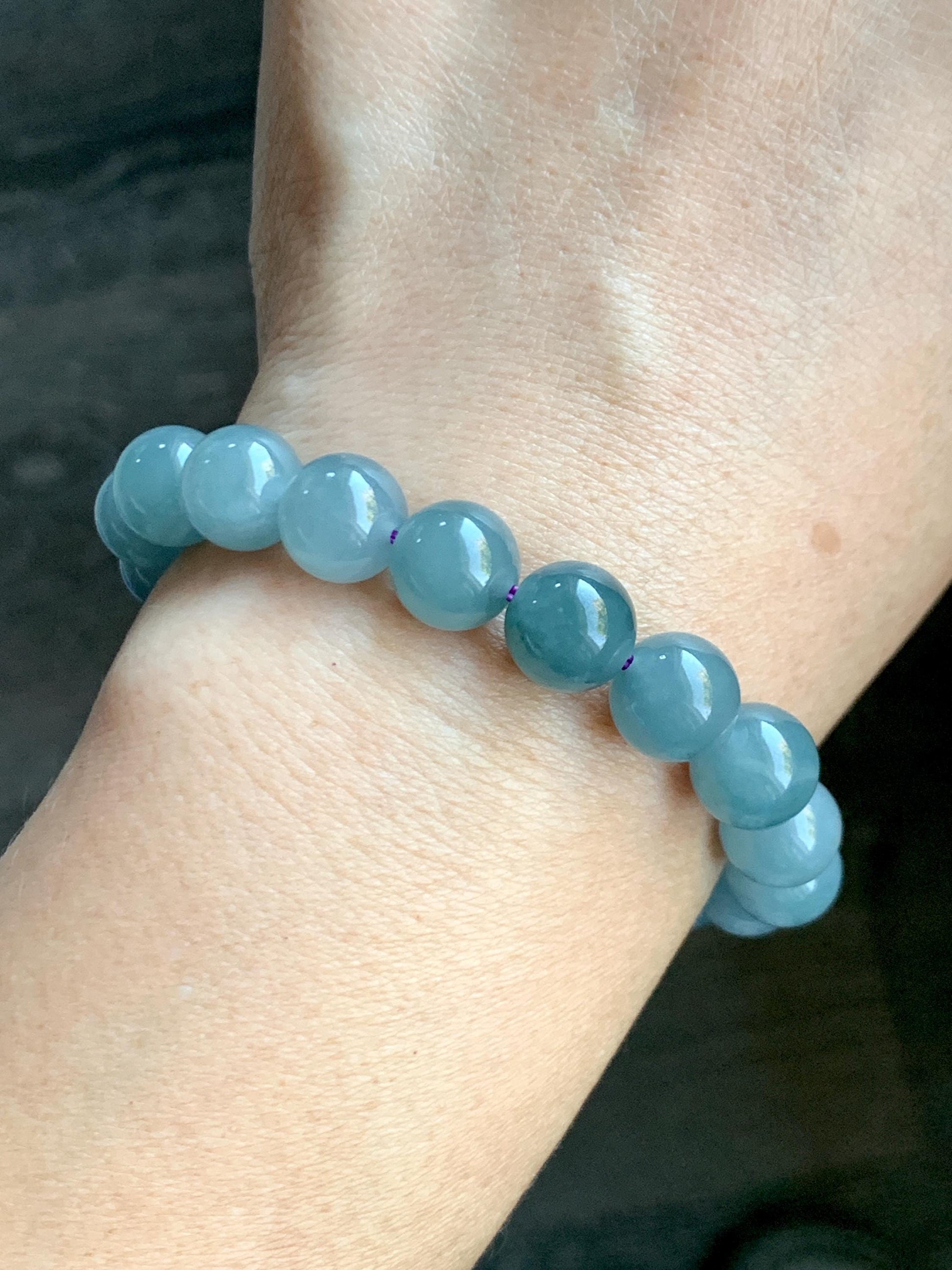 Natural Grade A Guatemalan Icy Translucent Gelatinous Light Dusty Blue Jade Jadeite Beaded Bracelet 9.7mm 6.75" 29g 天然冰胶危浅蓝紫翡翠手串 GDW380A
