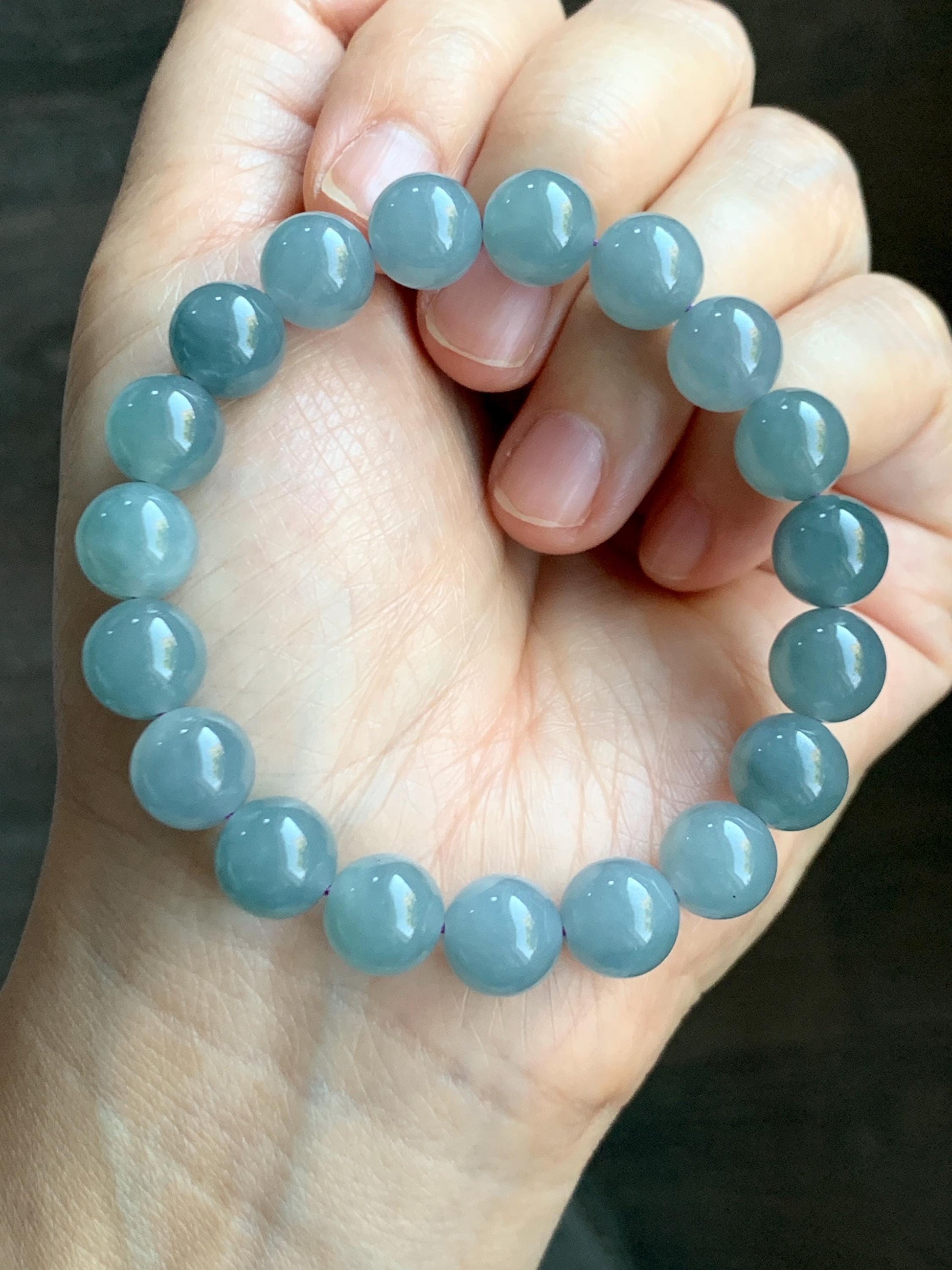 Natural Grade A Guatemalan Icy Translucent Gelatinous Light Dusty Blue Jade Jadeite Beaded Bracelet 9.7mm 6.75" 29g 天然冰胶危浅蓝紫翡翠手串 GDW380A