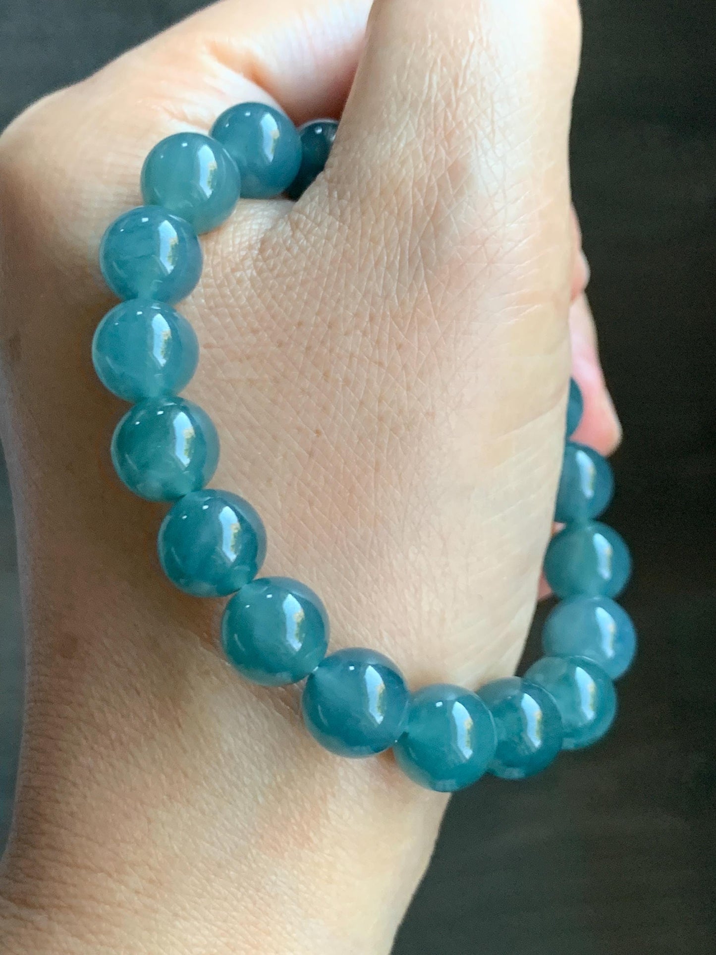 Natural Grade A Guatemalan Icy Translucent Gelatinous Dark Teal Blue Jade Jadeite Beaded Bracelet 9.8mm 6.75" 30g 天然冰胶危深蓝翡翠手串 GDW380B
