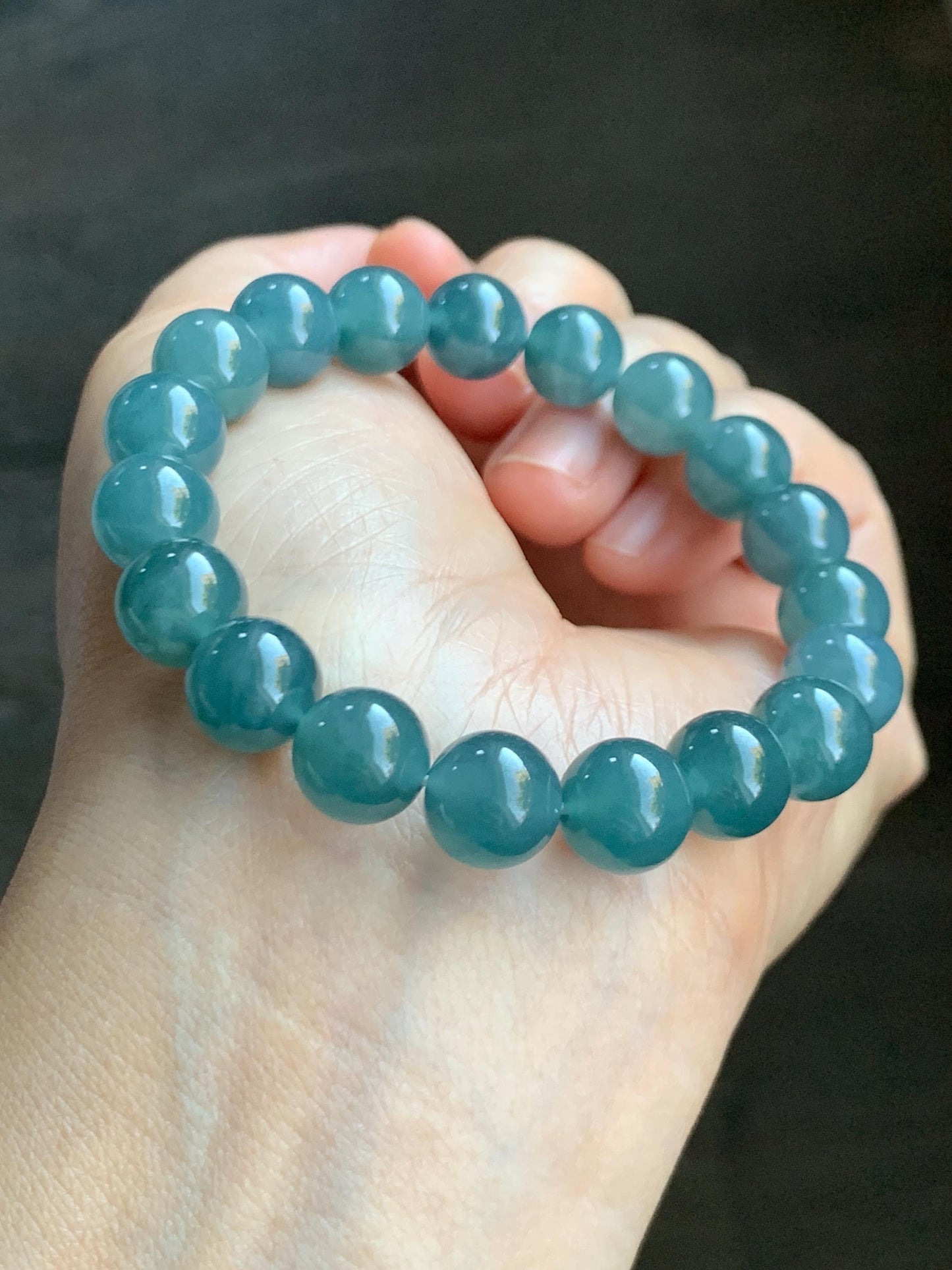 Natural Grade A Guatemalan Icy Translucent Gelatinous Dark Teal Blue Jade Jadeite Beaded Bracelet 9.8mm 6.75" 30g 天然冰胶危深蓝翡翠手串 GDW380B