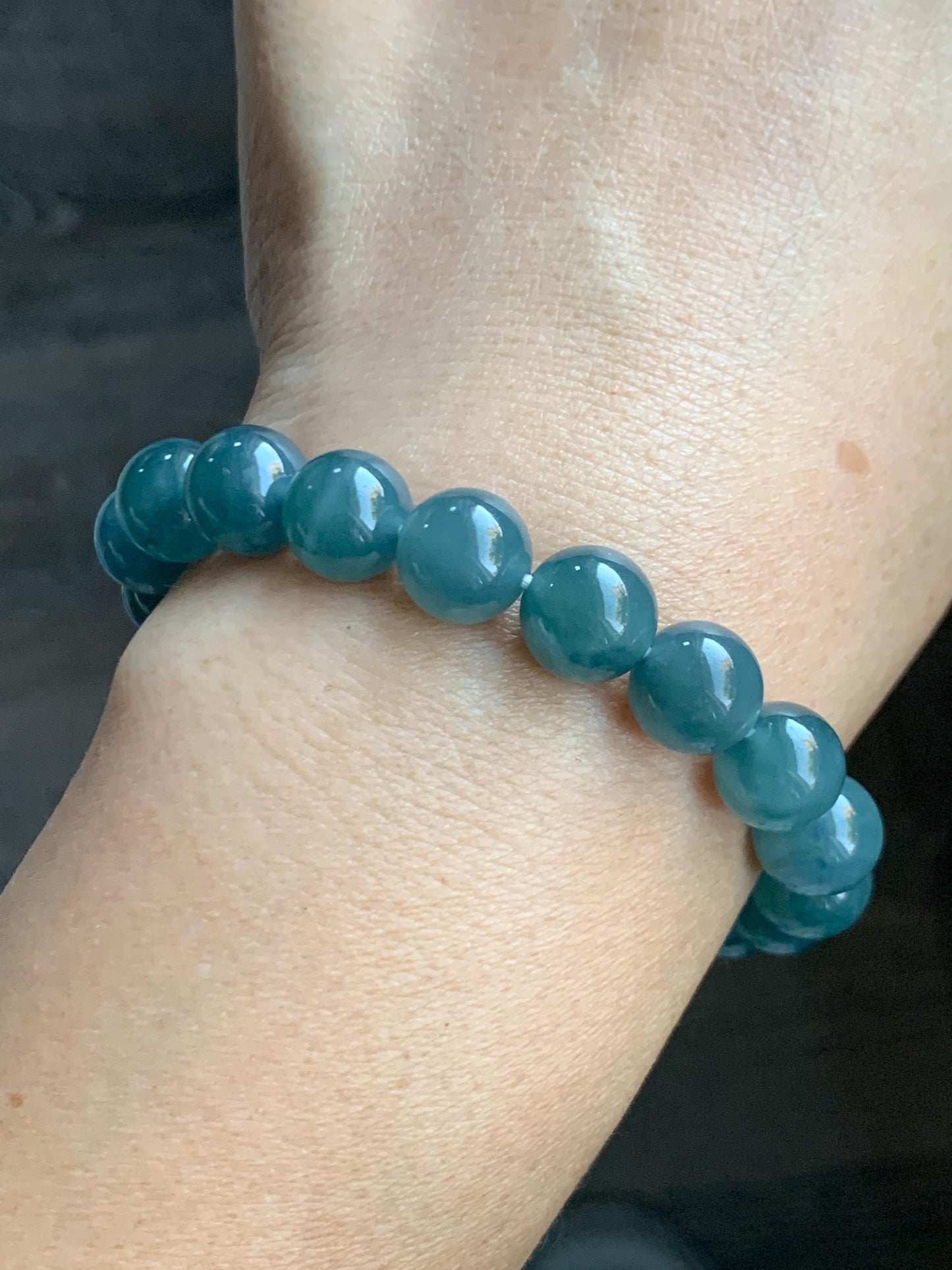 Natural Grade A Guatemalan Icy Translucent Gelatinous Dark Teal Blue Jade Jadeite Beaded Bracelet 9.8mm 6.75" 30g 天然冰胶危深蓝翡翠手串 GDW380B