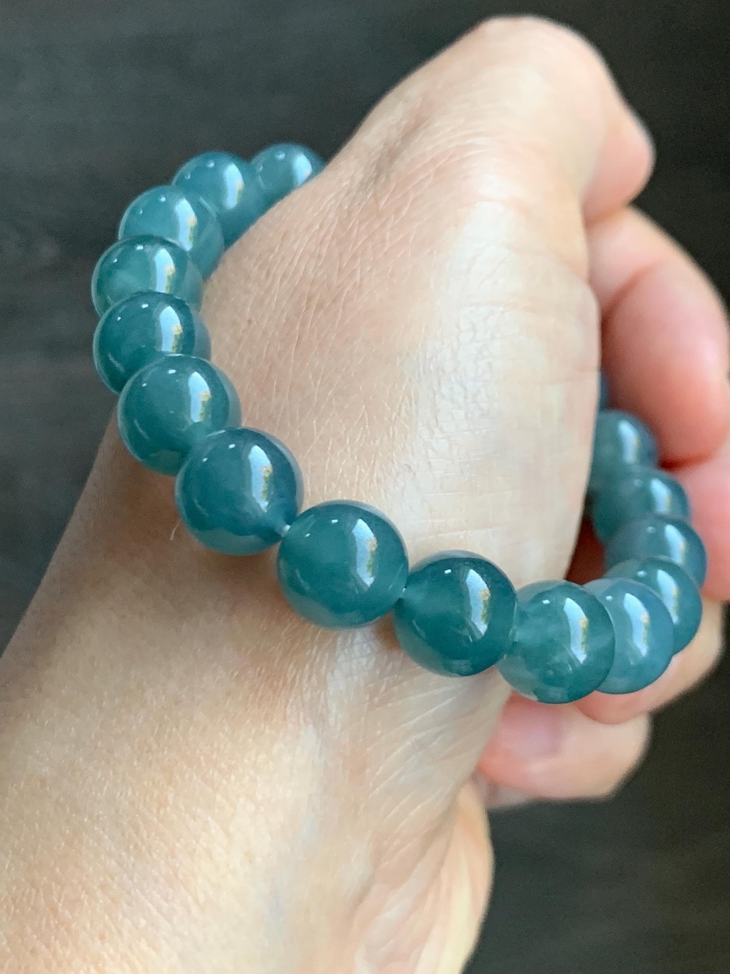 Natural Grade A Guatemalan Icy Translucent Gelatinous Dark Teal Blue Jade Jadeite Beaded Bracelet 9.8mm 6.75" 30g 天然冰胶危深蓝翡翠手串 GDW380B