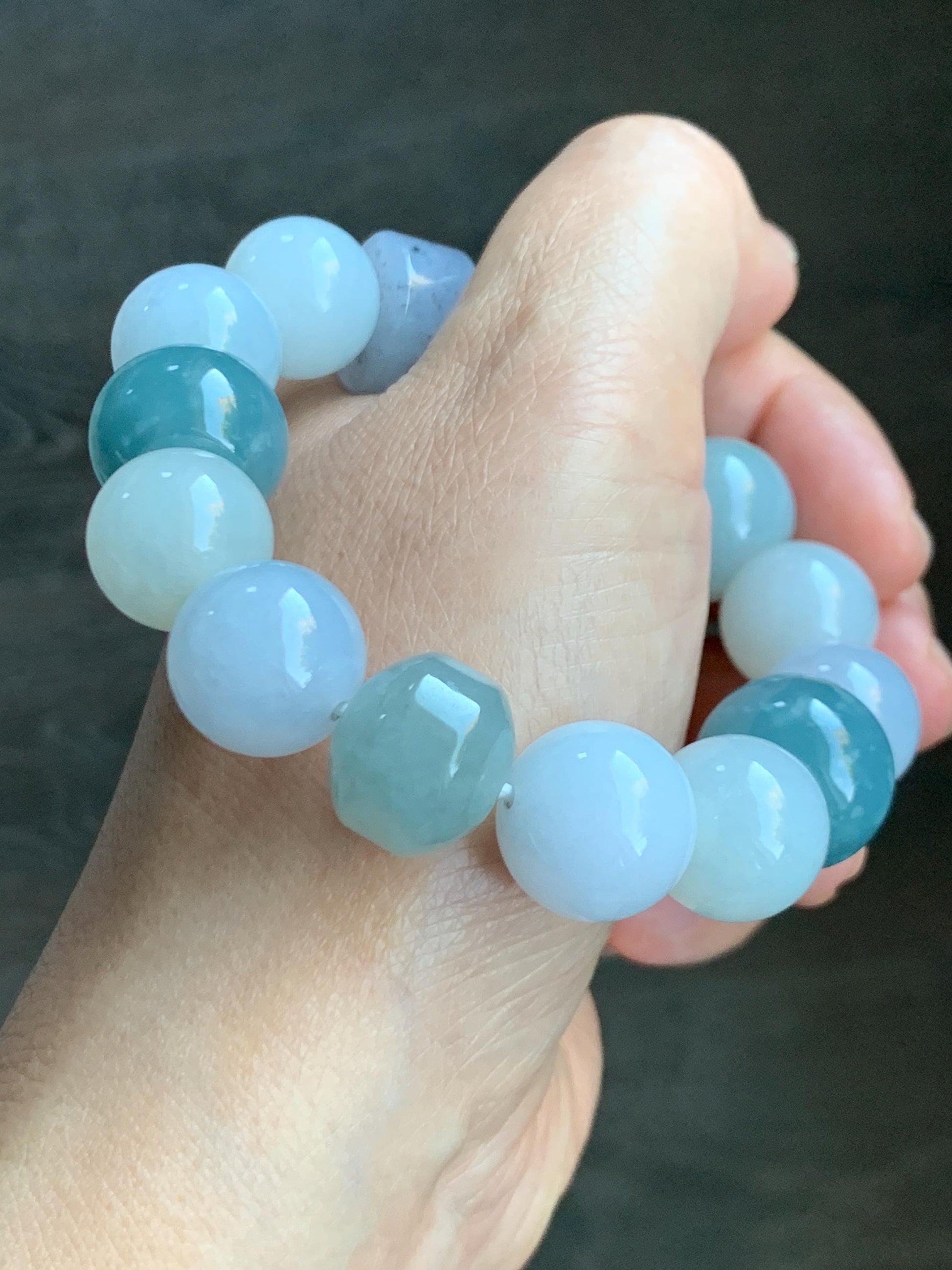 Natural Grade A Icy Translucent Gelatinous Multicolored Jade Jadeite Large Beads Beaded Bracelet 7" 86g 天然冰胶多宝翡翠大卡圆珠鼓珠手串 MDB740