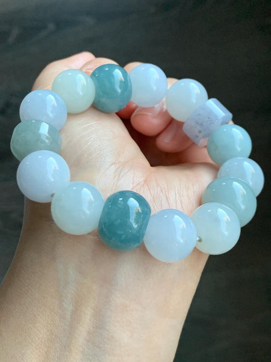 Natural Grade A Icy Translucent Gelatinous Multicolored Jade Jadeite Large Beads Beaded Bracelet 7" 86g 天然冰胶多宝翡翠大卡圆珠鼓珠手串 MDB740