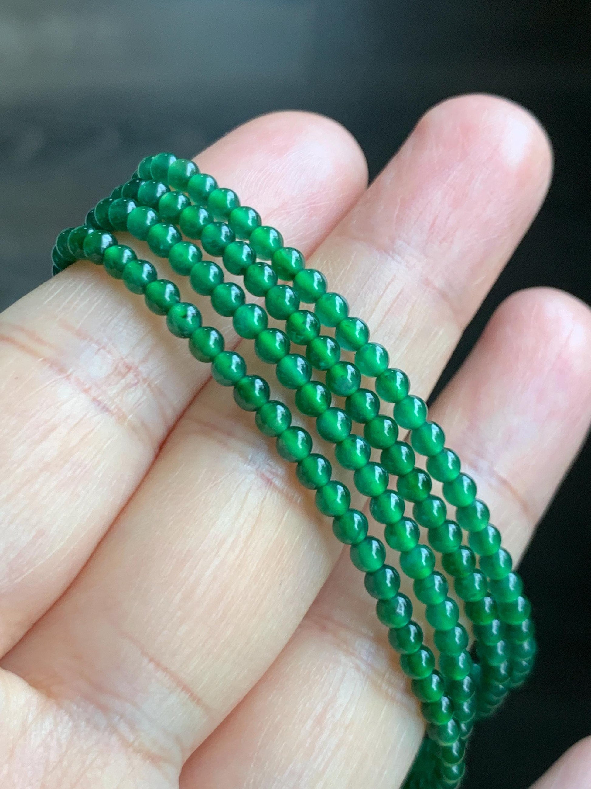 Natural Grade A Guatemalan Icy Translucent Vibrant Green Jade Jadeite Petite Beaded Bracelet 6.25” or 6.5” 3mm 天然冰危绿翡翠小卡圆珠手串 WXL520