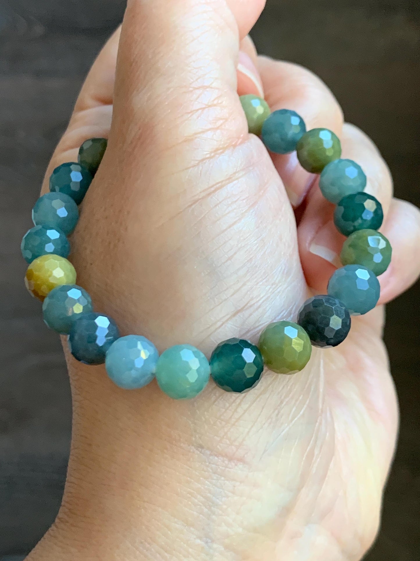 Natural Guatemalan Grade A Icy Translucent Multicolored Faceted Jade Jadeite Beaded Bracelet Stretchy 8.5mm 6.5" 21g 天然冰危多宝翡翠切割面圆珠手串 DBWQ14