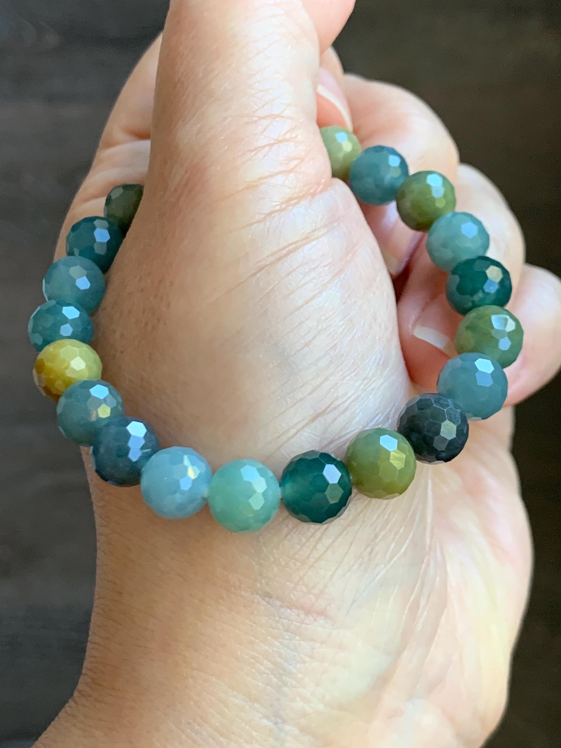 Natural Guatemalan Grade A Icy Translucent Multicolored Faceted Jade Jadeite Beaded Bracelet Stretchy 8.5mm 6.5" 21g 天然冰危多宝翡翠切割面圆珠手串 DBWQ14