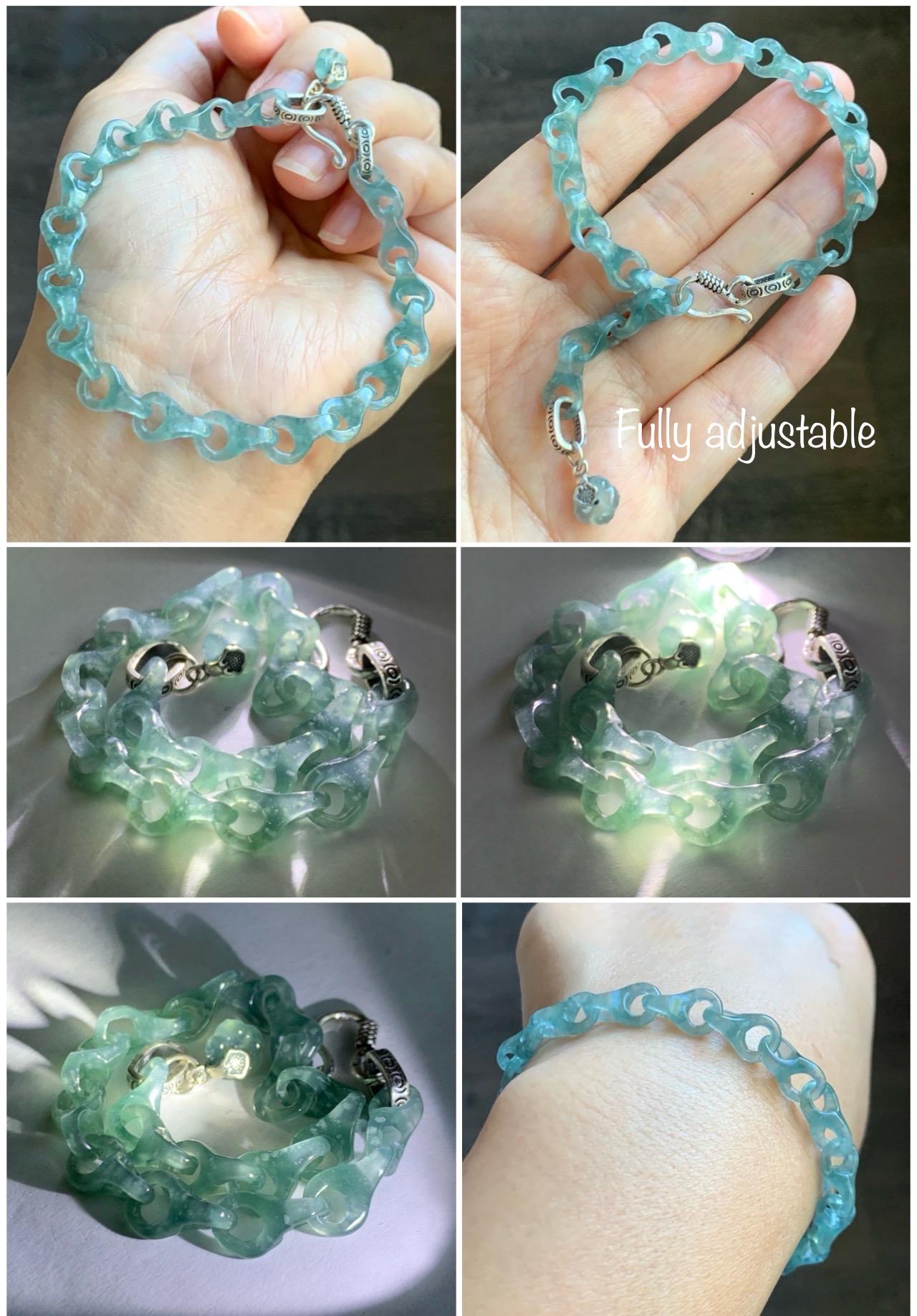Certified Natural Guatemalan Icy Light Teal Blue Jade Jadeite Interlocking Dragon Bone Links Bracelet Sterling Silver 8.25" 天然冰胶危蓝翡翠龙骨链手链748