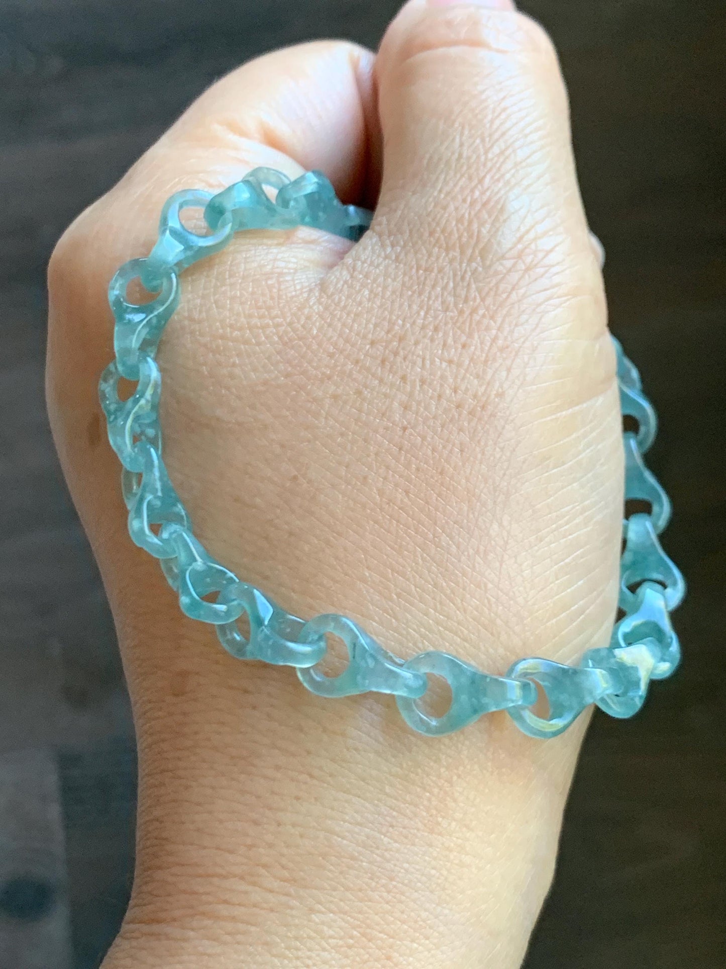 Certified Natural Guatemalan Icy Light Teal Blue Jade Jadeite Interlocking Dragon Bone Links Bracelet Sterling Silver 8.25" 天然冰胶危蓝翡翠龙骨链手链748