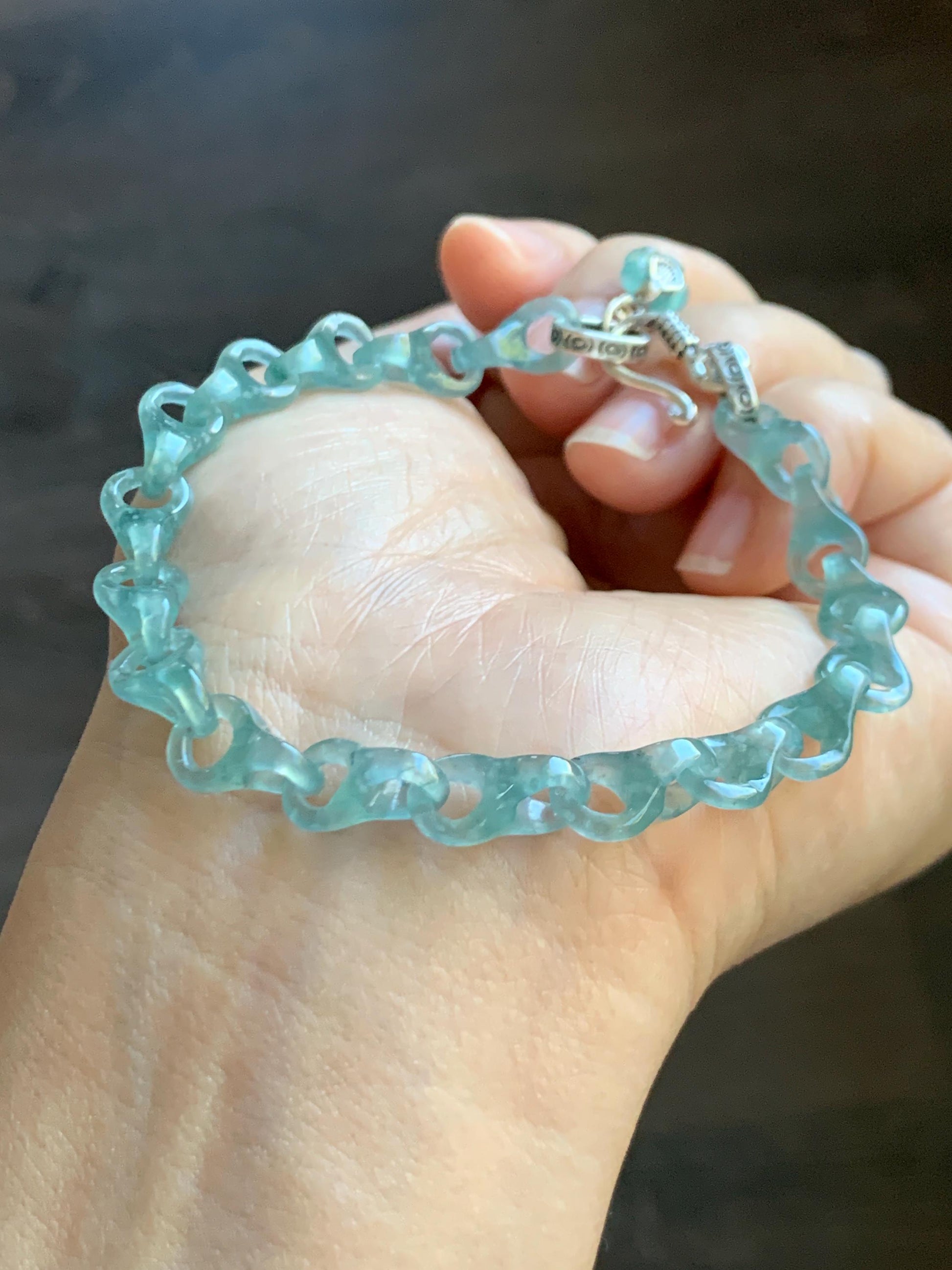 Certified Natural Guatemalan Icy Light Teal Blue Jade Jadeite Interlocking Dragon Bone Links Bracelet Sterling Silver 8.25" 天然冰胶危蓝翡翠龙骨链手链748