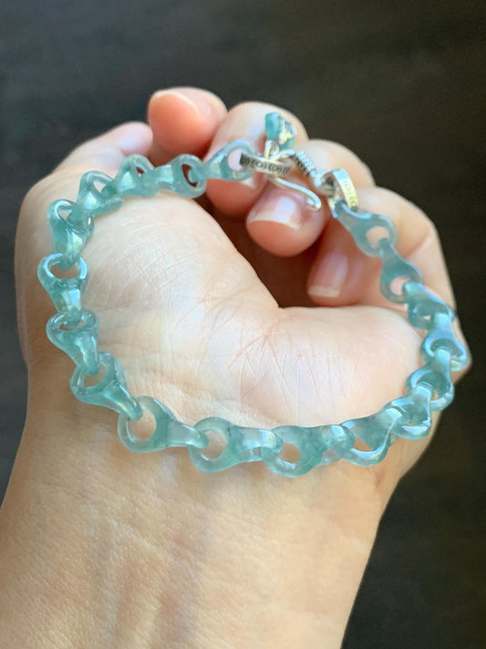 Certified Natural Guatemalan Icy Light Teal Blue Jade Jadeite Interlocking Dragon Bone Links Bracelet Sterling Silver 8.25" 天然冰胶危蓝翡翠龙骨链手链748