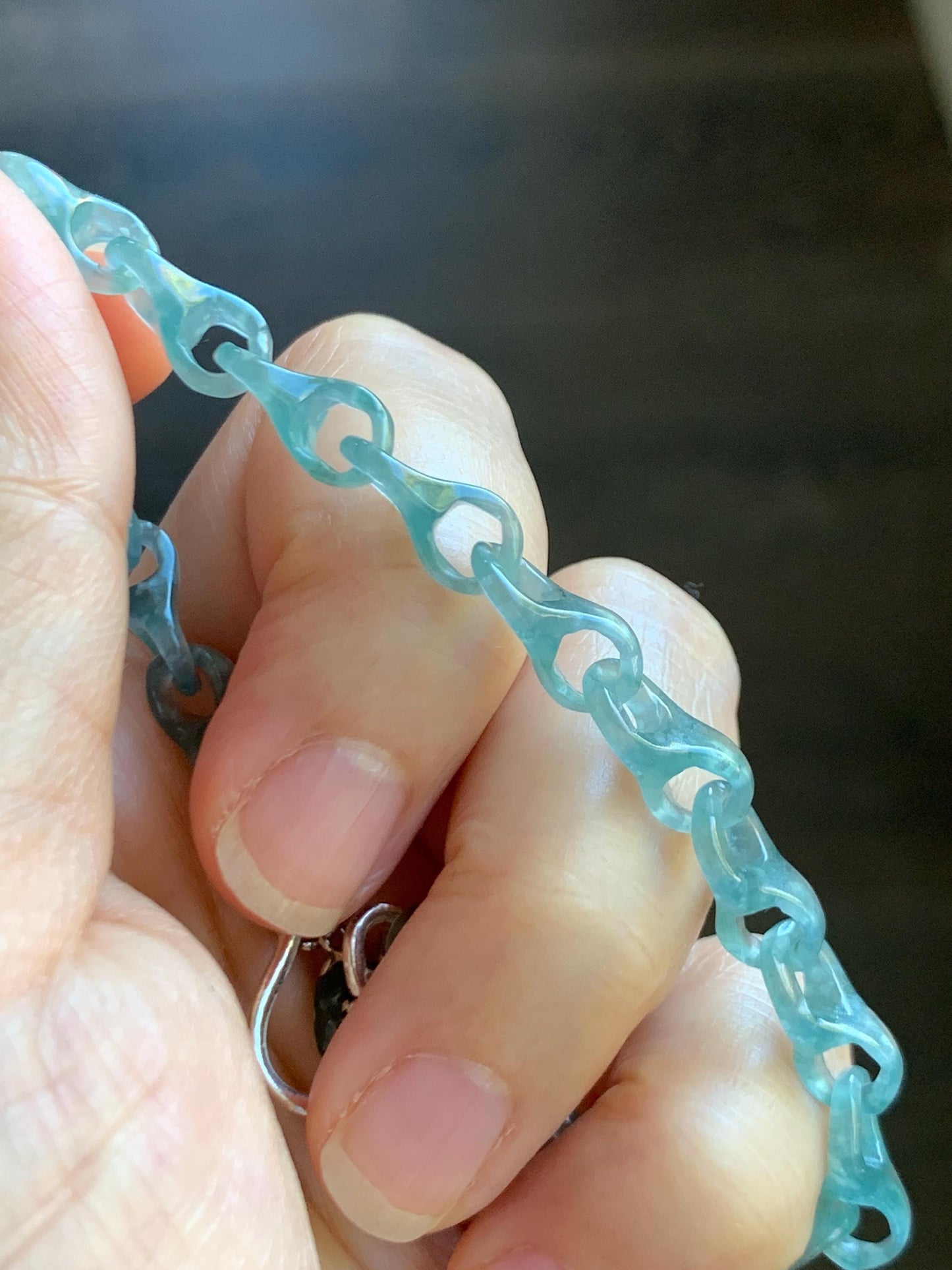 Certified Natural Guatemalan Icy Light Teal Blue Jade Jadeite Interlocking Dragon Bone Links Bracelet Sterling Silver 8.25" 天然冰胶危蓝翡翠龙骨链手链748