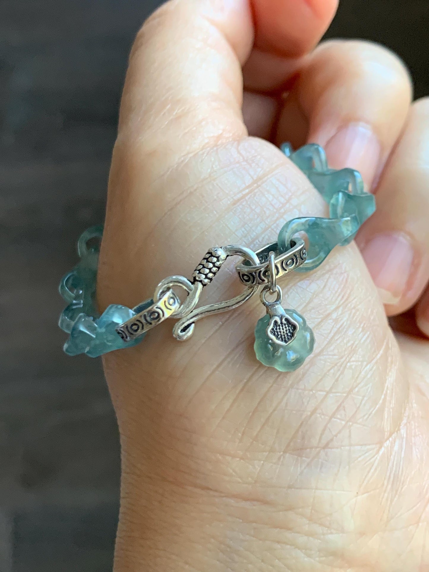 Certified Natural Guatemalan Icy Light Teal Blue Jade Jadeite Interlocking Dragon Bone Links Bracelet Sterling Silver 8.25" 天然冰胶危蓝翡翠龙骨链手链748