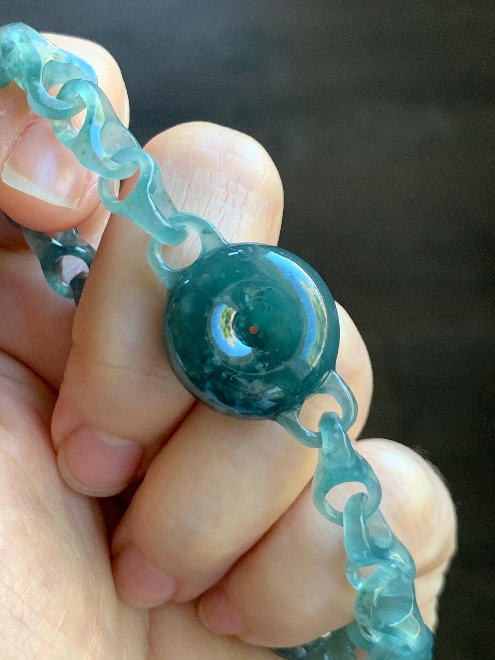 Certified Natural Guatemalan Teal Blue Jade Jadeite Interlocking Dragon Bone Links & Donut Bracelet Sterling Silver 9.5" 天然冰胶危蓝翡翠龙骨链平安扣手链771