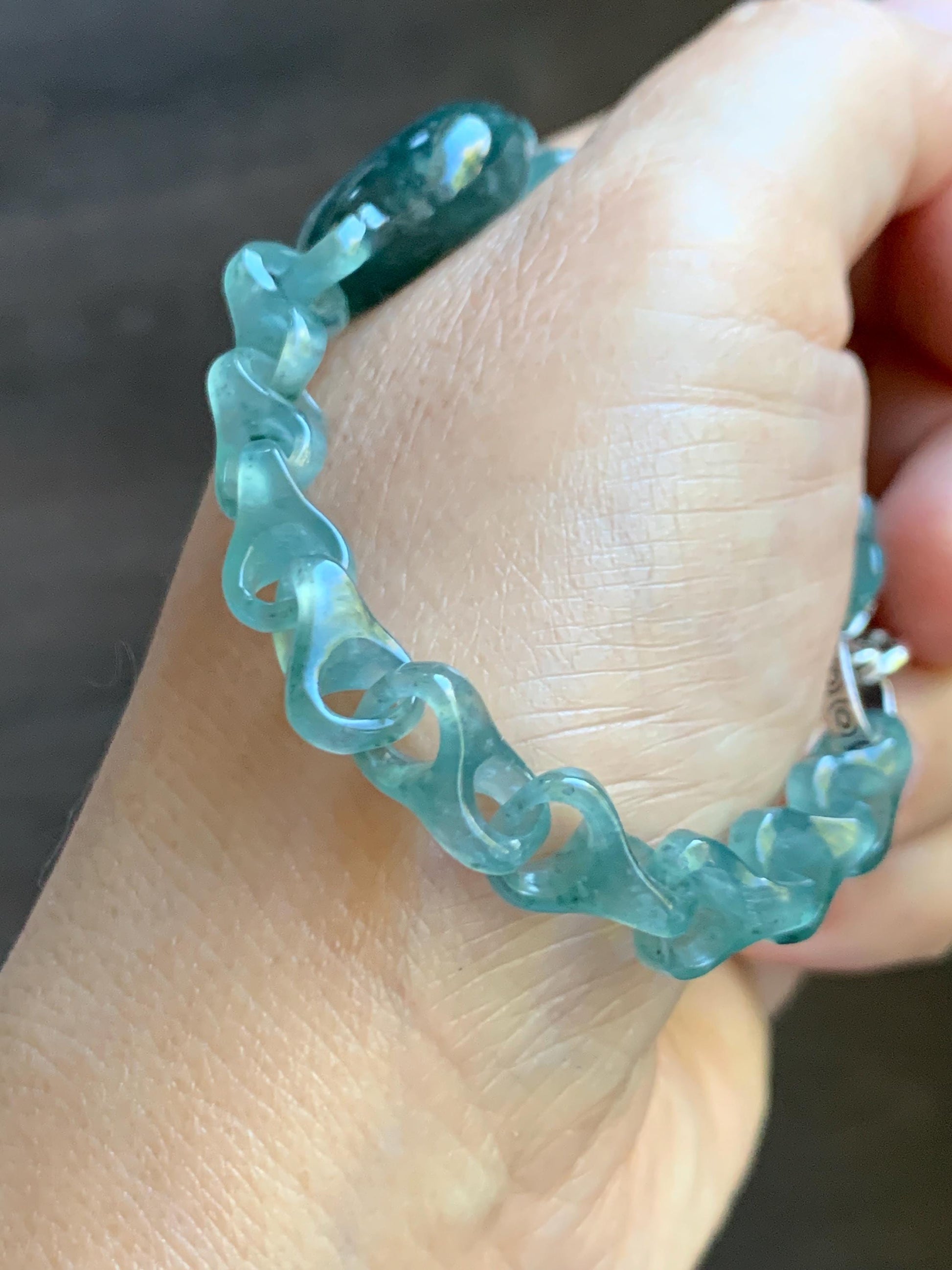 Certified Natural Guatemalan Teal Blue Jade Jadeite Interlocking Dragon Bone Links & Donut Bracelet Sterling Silver 9.5" 天然冰胶危蓝翡翠龙骨链平安扣手链771