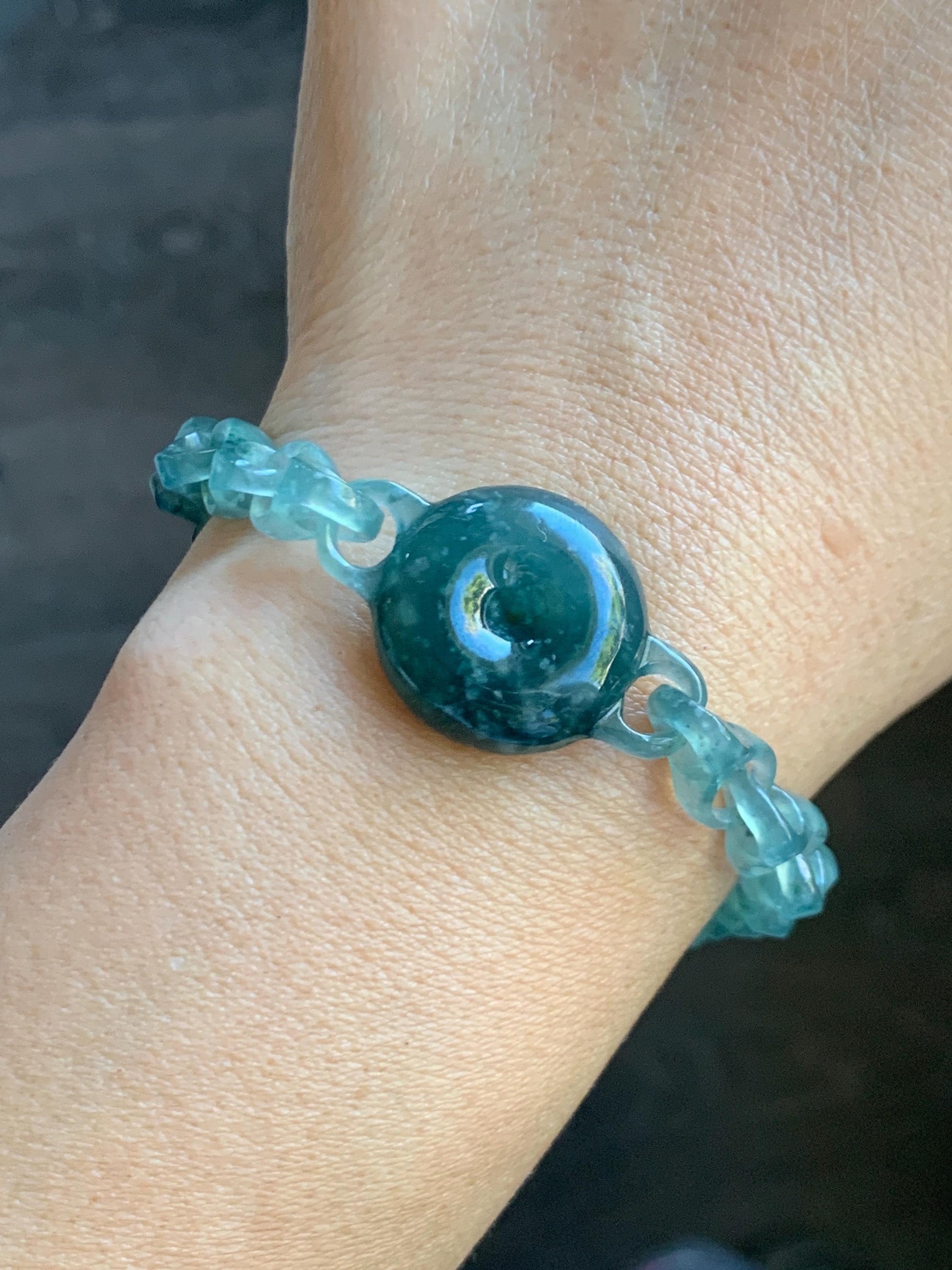 Certified Natural Guatemalan Teal Blue Jade Jadeite Interlocking Dragon Bone Links & Donut Bracelet Sterling Silver 9.5" 天然冰胶危蓝翡翠龙骨链平安扣手链771