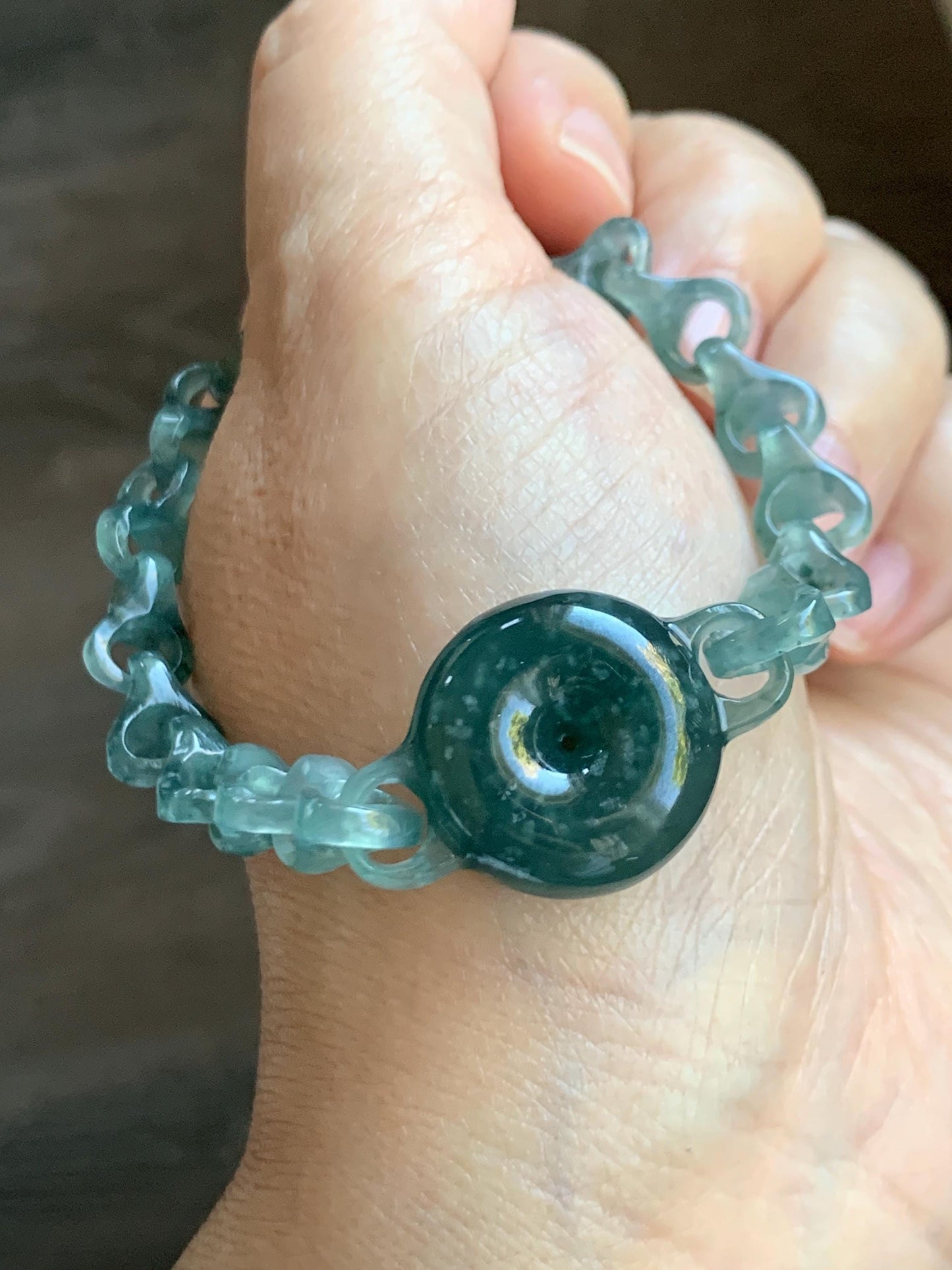 Certified Natural Guatemalan Teal Blue Jade Jadeite Interlocking Dragon Bone Links & Donut Bracelet Sterling Silver 9.5" 天然冰胶危蓝翡翠龙骨链平安扣手链771