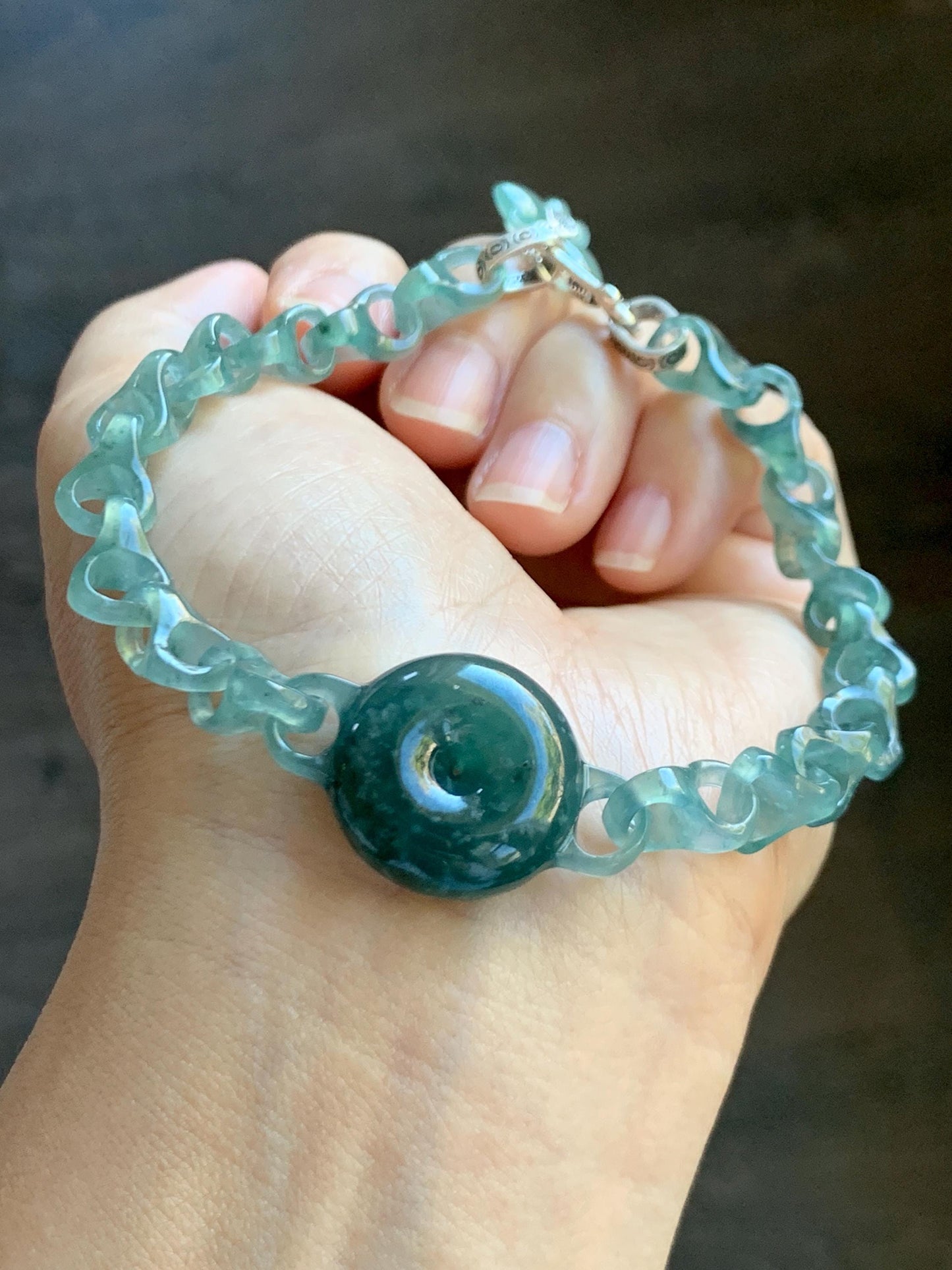 Certified Natural Guatemalan Teal Blue Jade Jadeite Interlocking Dragon Bone Links & Donut Bracelet Sterling Silver 9.5" 天然冰胶危蓝翡翠龙骨链平安扣手链771