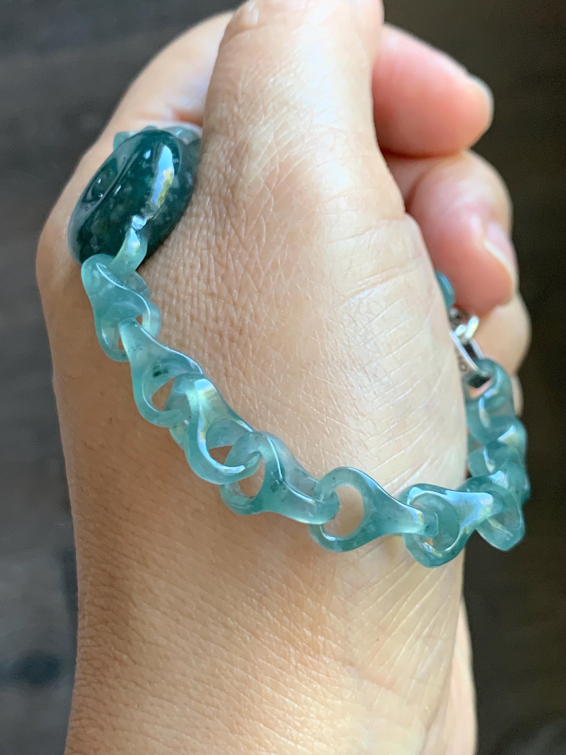 Certified Natural Guatemalan Teal Blue Jade Jadeite Interlocking Dragon Bone Links & Donut Bracelet Sterling Silver 9.5" 天然冰胶危蓝翡翠龙骨链平安扣手链771