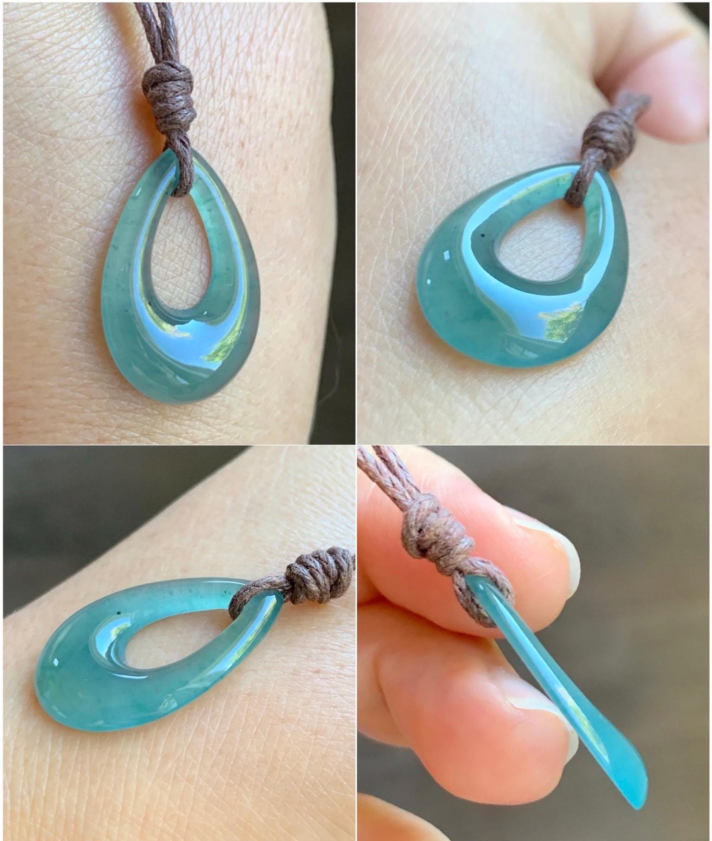 Natural Grade A Guatemalan Icy Highly Translucent Teal Jade Jadeite Carved Teardrop Pendant Rope Bracelet 26” 天然冰危蓝绿起光翡翠小水滴项链 WSD160A
