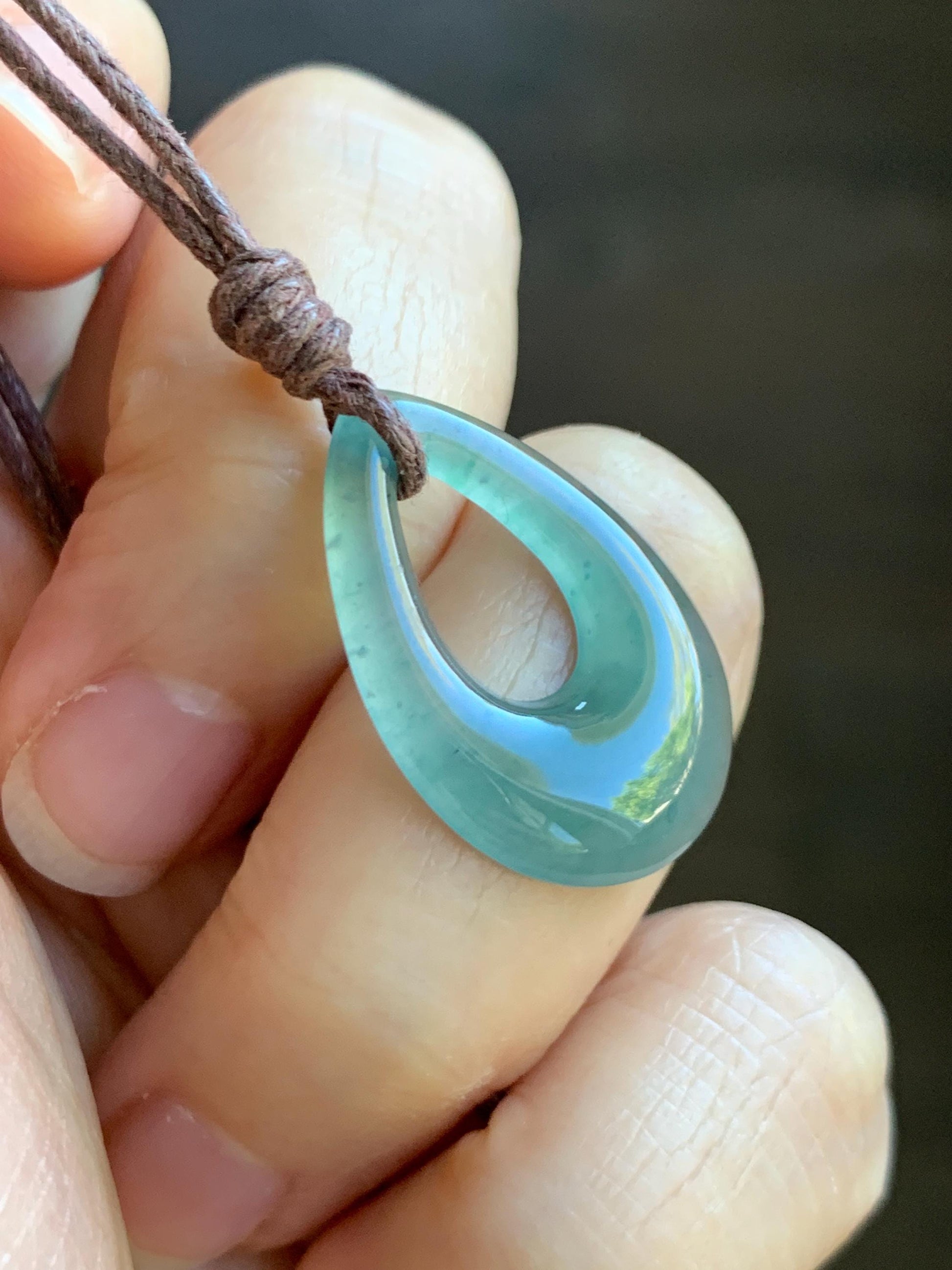 Natural Grade A Guatemalan Icy Highly Translucent Teal Jade Jadeite Carved Teardrop Pendant Rope Bracelet 26” 天然冰危蓝绿起光翡翠小水滴项链 WSD160A
