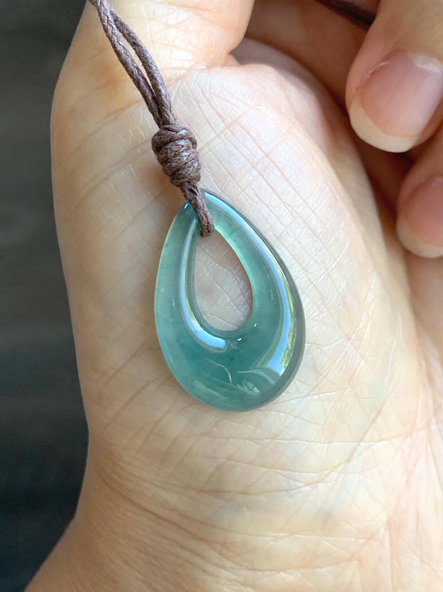 Natural Grade A Guatemalan Icy Highly Translucent Teal Jade Jadeite Carved Teardrop Pendant Rope Bracelet 26” 天然冰危蓝绿起光翡翠小水滴项链 WSD160A