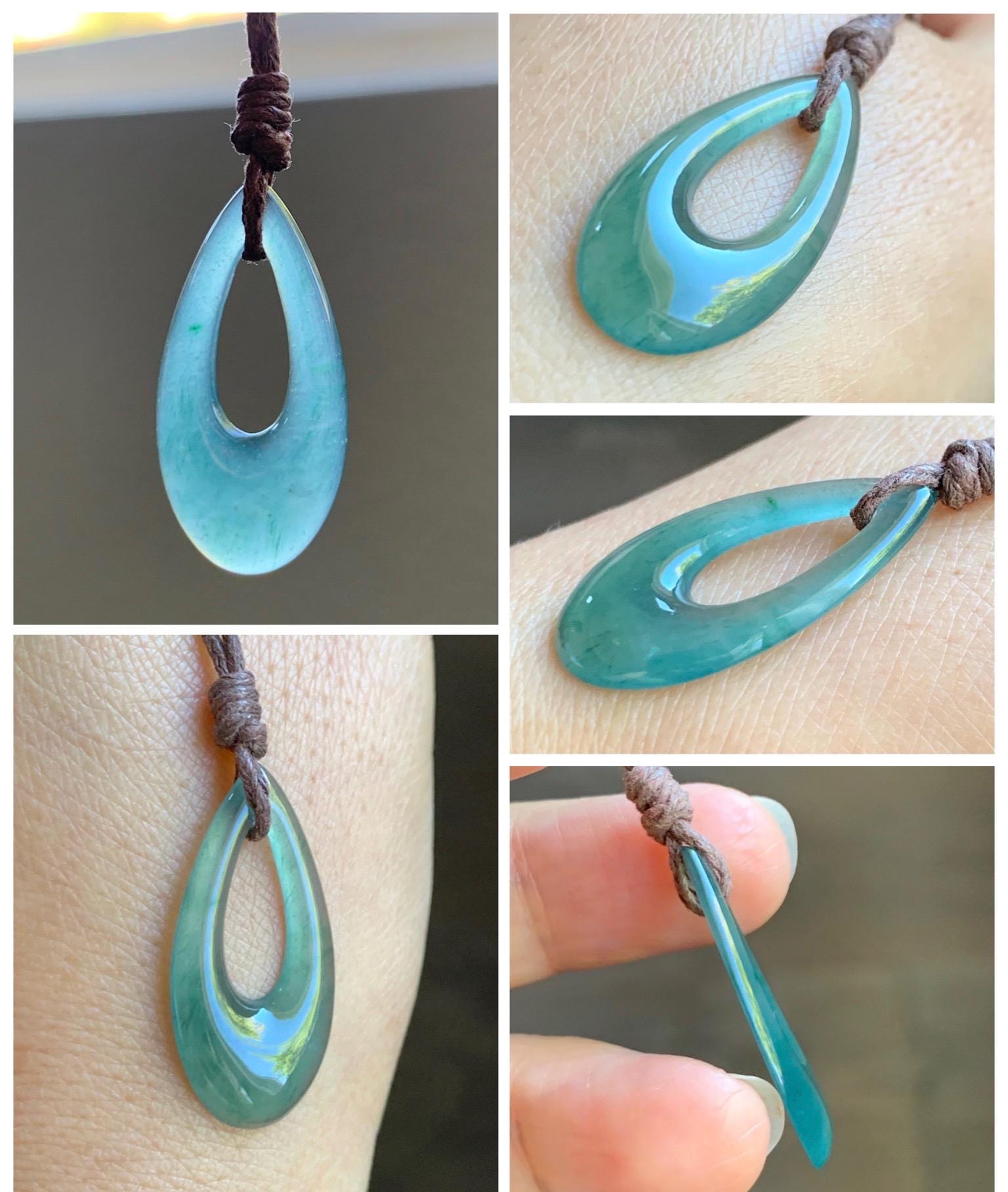 Natural Grade A Guatemalan Icy Highly Translucent Teal Green Jade Jadeite Carved Teardrop Pendant Rope Bracelet 26” 天然冰危蓝绿起光翡翠小水滴项链 WSD160B