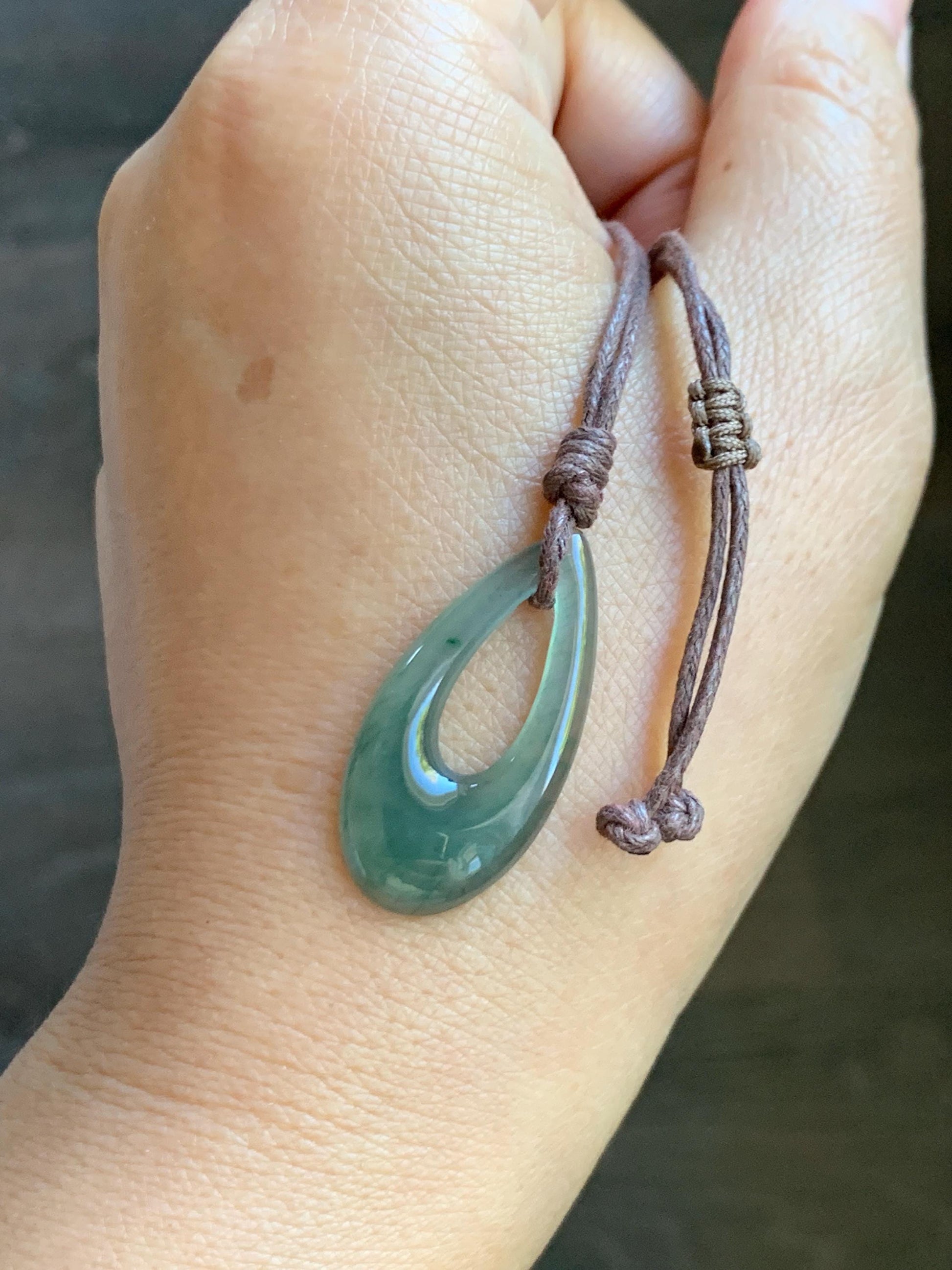 Natural Grade A Guatemalan Icy Highly Translucent Teal Green Jade Jadeite Carved Teardrop Pendant Rope Bracelet 26” 天然冰危蓝绿起光翡翠小水滴项链 WSD160B