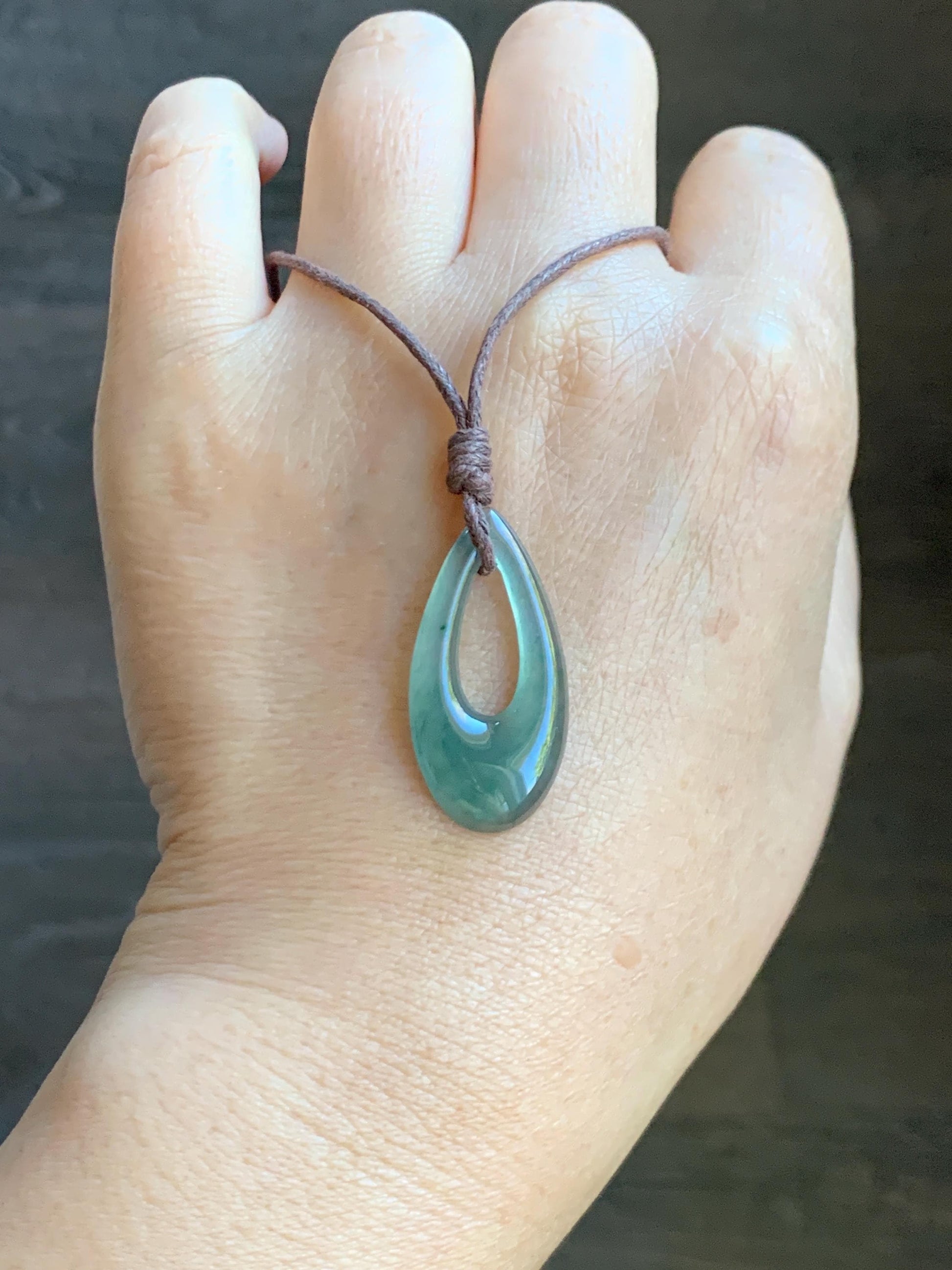 Natural Grade A Guatemalan Icy Highly Translucent Teal Green Jade Jadeite Carved Teardrop Pendant Rope Bracelet 26” 天然冰危蓝绿起光翡翠小水滴项链 WSD160B