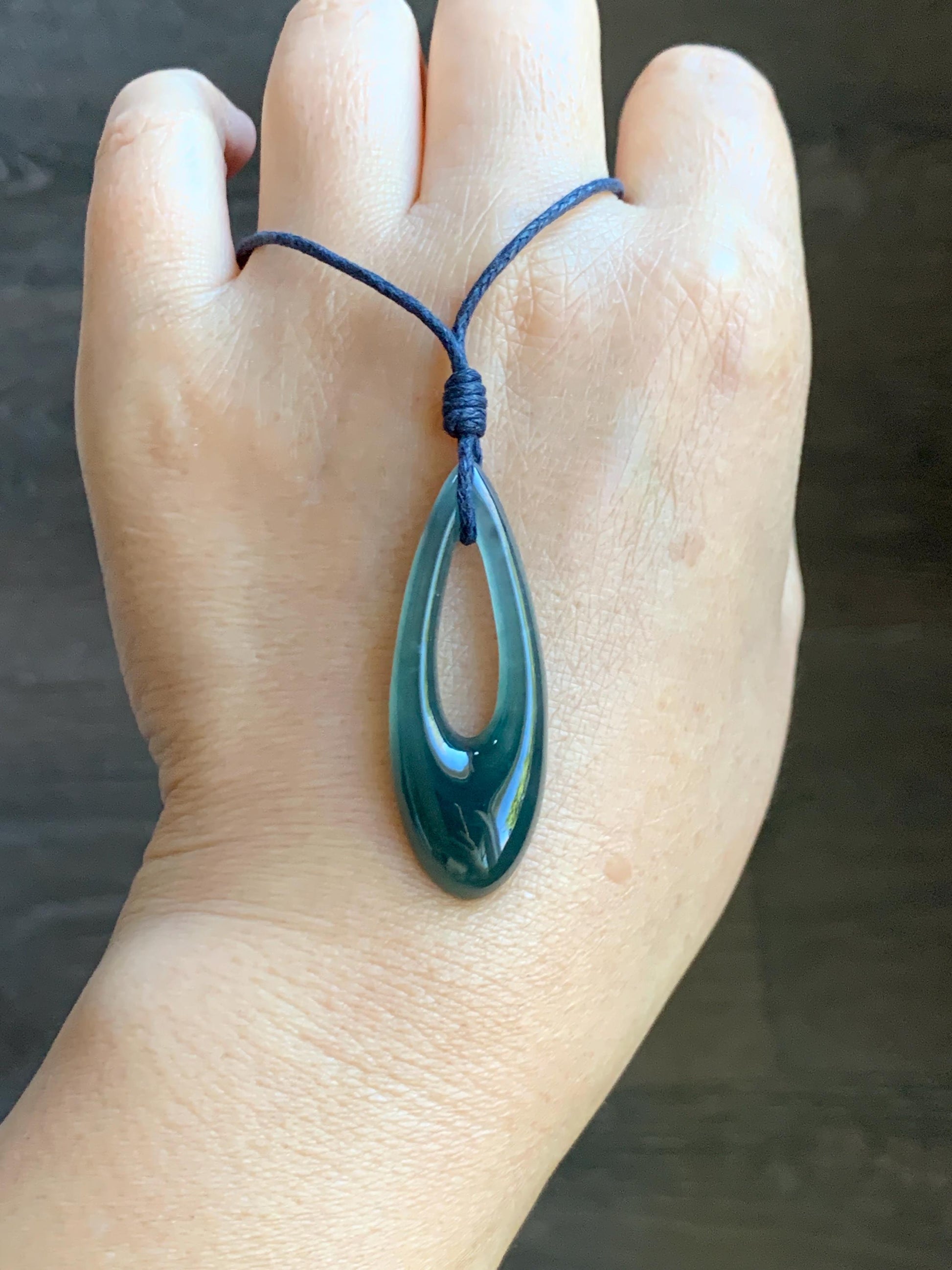 Natural Grade A Guatemalan Icy Highly Translucent Dark Blue Jade Jadeite Carved Teardrop Pendant Rope Bracelet 26” 天然冰危深蓝翡翠水滴项链 WSD160C