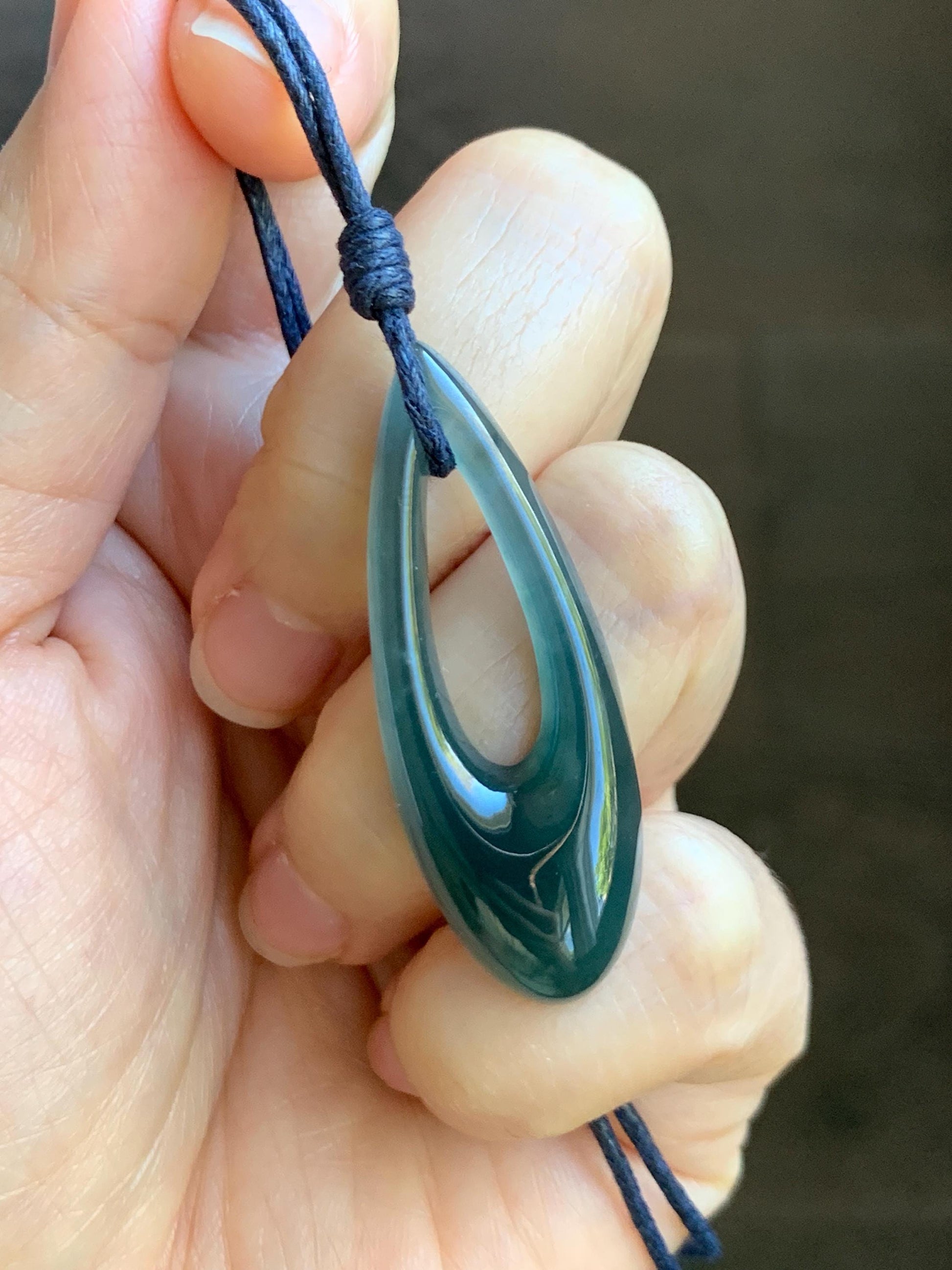 Natural Grade A Guatemalan Icy Highly Translucent Dark Blue Jade Jadeite Carved Teardrop Pendant Rope Bracelet 26” 天然冰危深蓝翡翠水滴项链 WSD160C