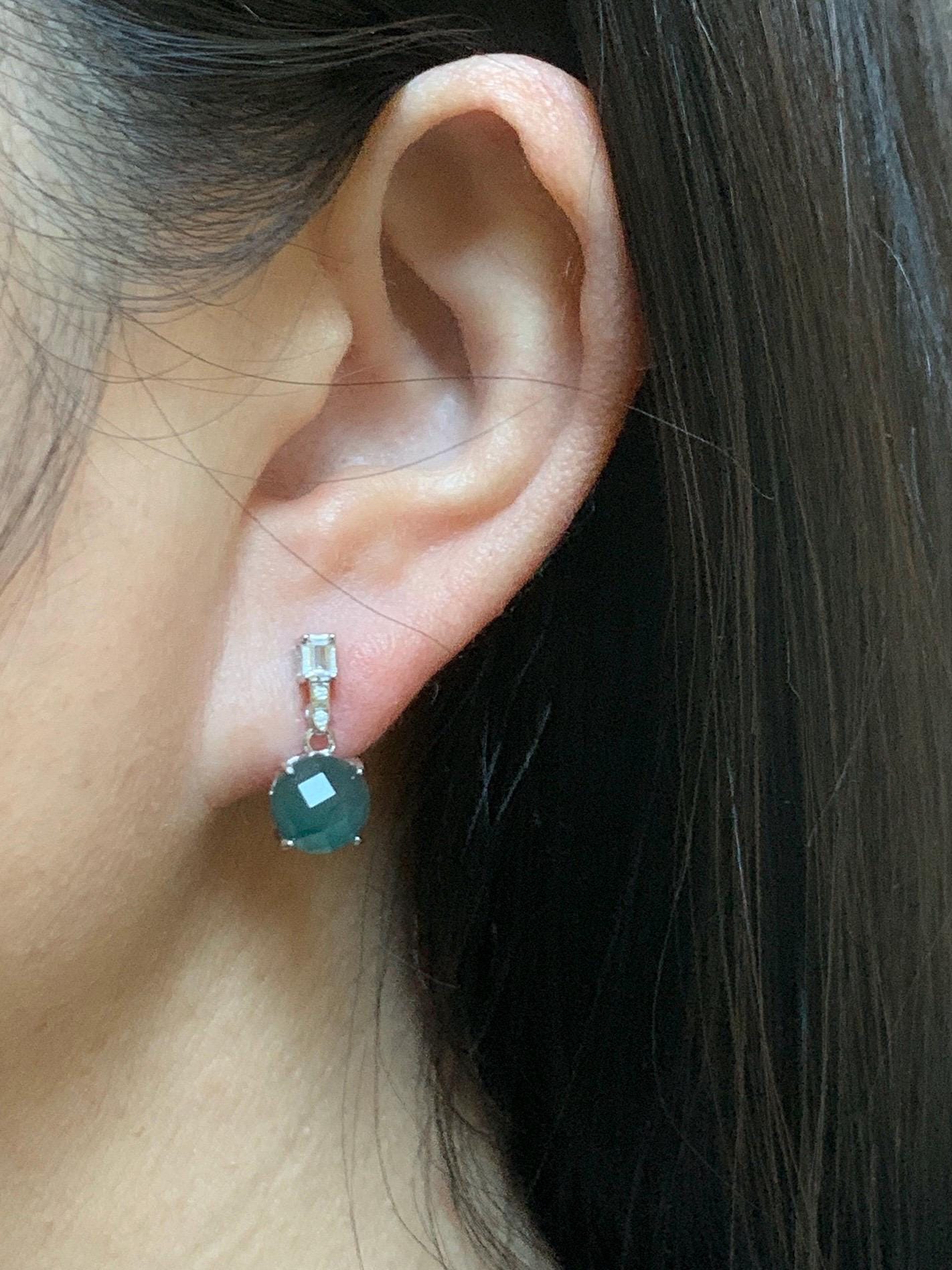 Natural Grade A Guatemalan Icy Translucent Dark Teal Blue Jadeite Faceted Round Dangle Stud Earrings Sterling Silver 天然冰危深蓝绿翡翠切割面银镶耳钉 LQG77A