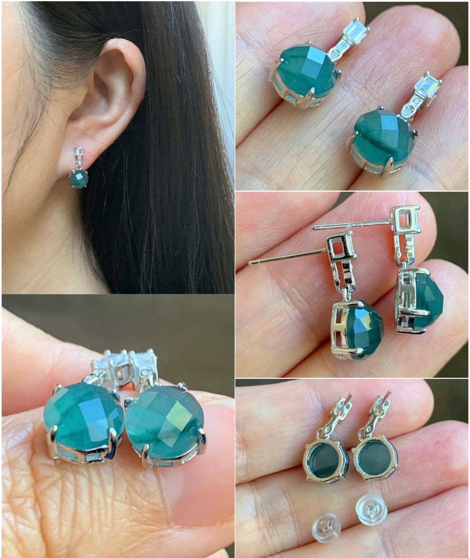 Natural Grade A Guatemalan Icy Translucent Dark Teal Blue Jadeite Faceted Round Dangle Stud Earrings Sterling Silver 天然冰危深蓝绿翡翠切割面银镶耳钉 LQG77A