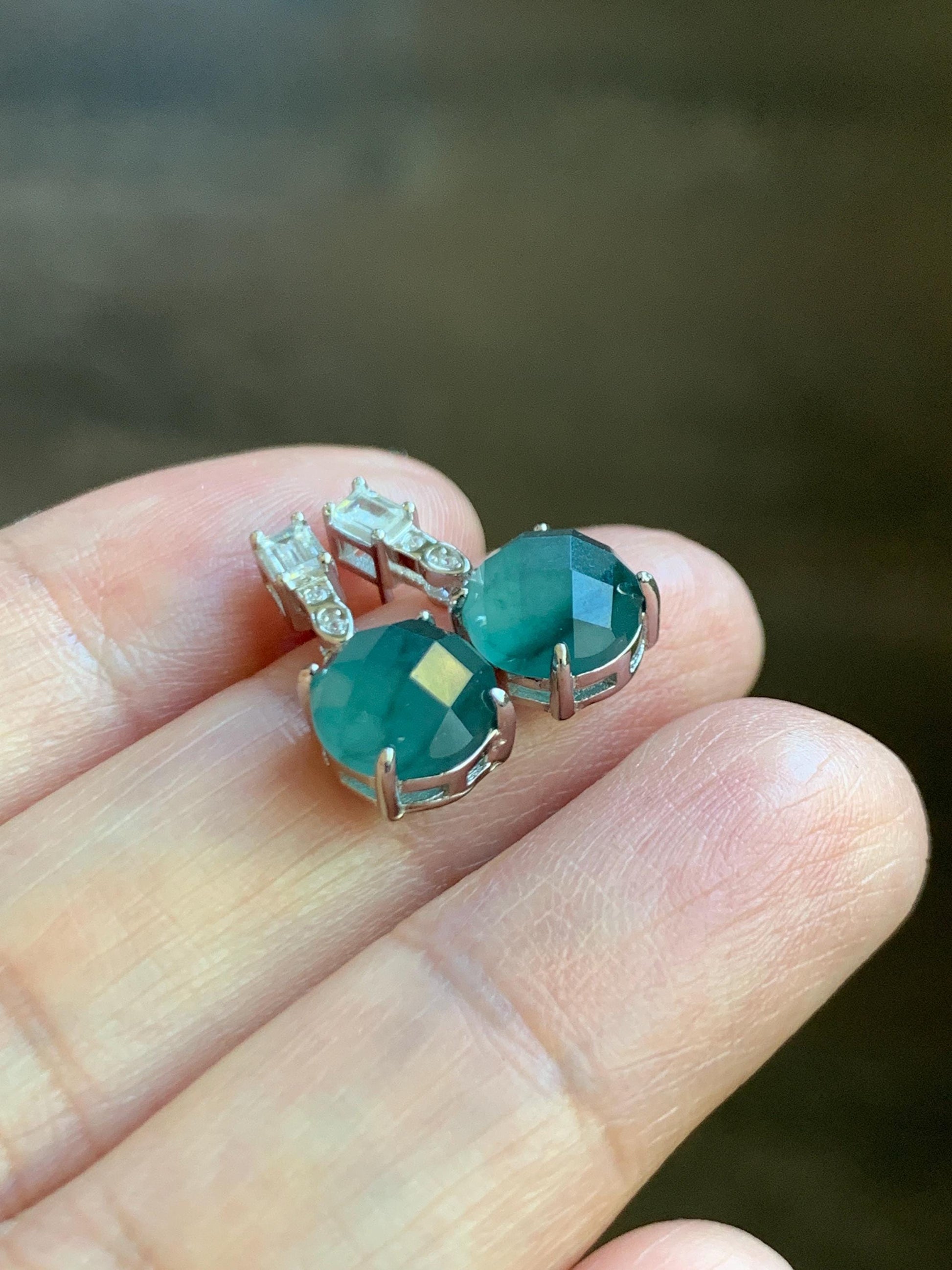 Natural Grade A Guatemalan Icy Translucent Dark Teal Blue Jadeite Faceted Round Dangle Stud Earrings Sterling Silver 天然冰危深蓝绿翡翠切割面银镶耳钉 LQG77A