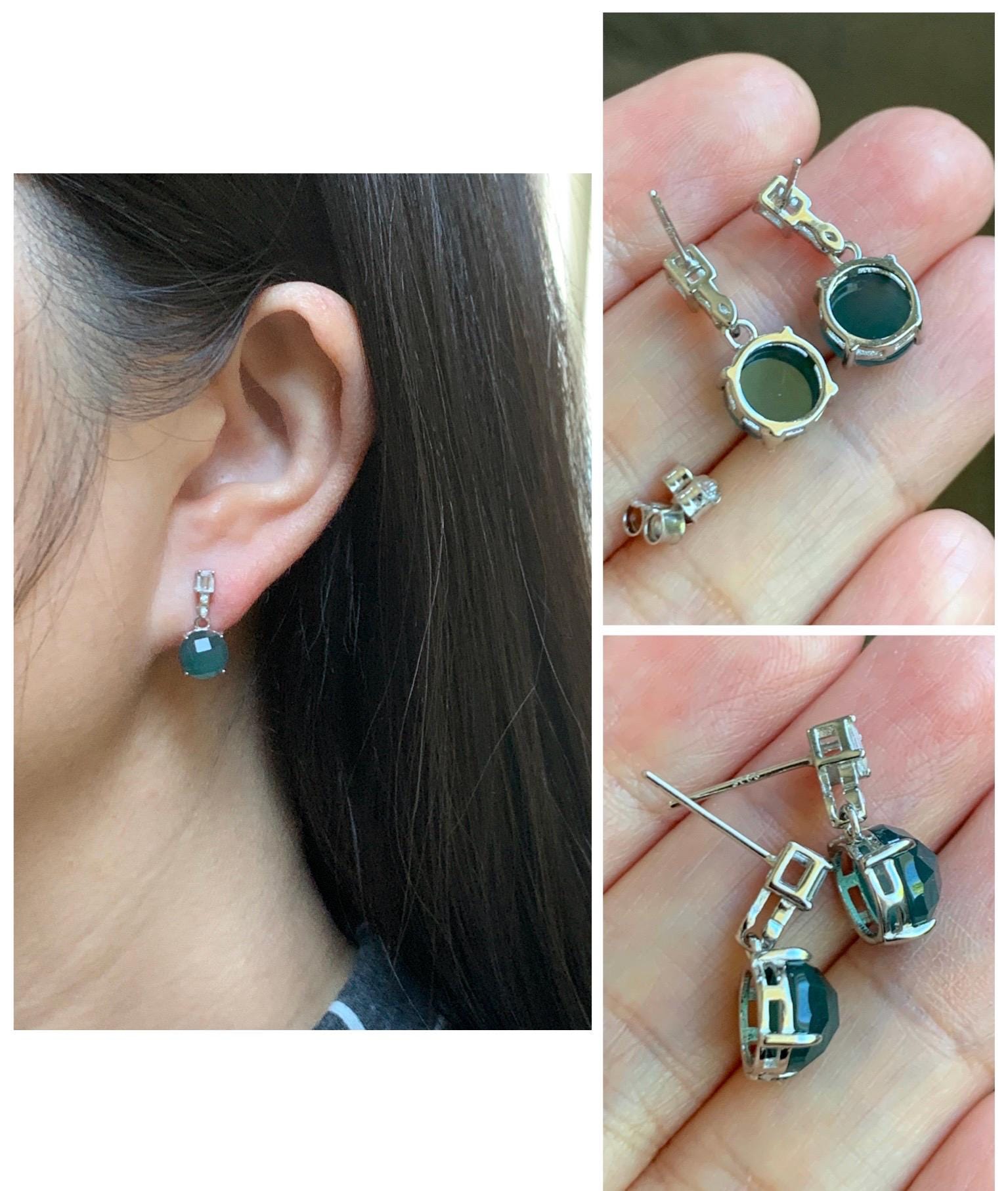 Natural Grade A Guatemalan Icy Translucent Dark Teal Blue Jadeite Faceted Round Dangle Stud Earrings Sterling Silver 天然冰危深蓝绿翡翠切割面银镶耳钉 LQG77B