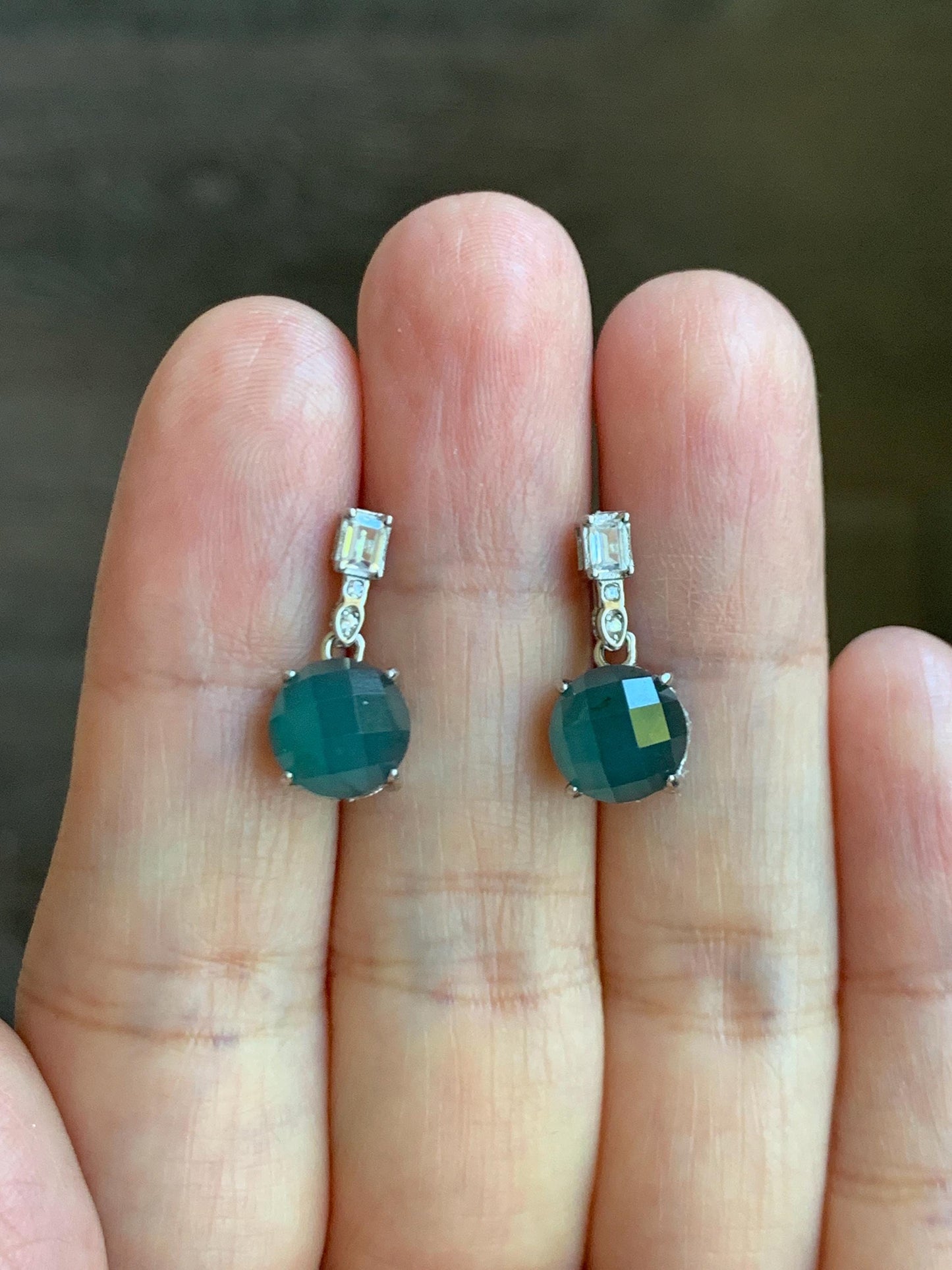 Natural Grade A Guatemalan Icy Translucent Dark Teal Blue Jadeite Faceted Round Dangle Stud Earrings Sterling Silver 天然冰危深蓝绿翡翠切割面银镶耳钉 LQG77B